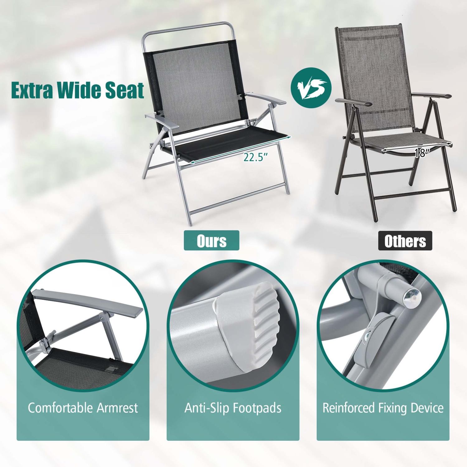 Costway 3pcs Patio Folding Table Chair Set Extra-Large Seat Metal Frame Portable Outdoor
