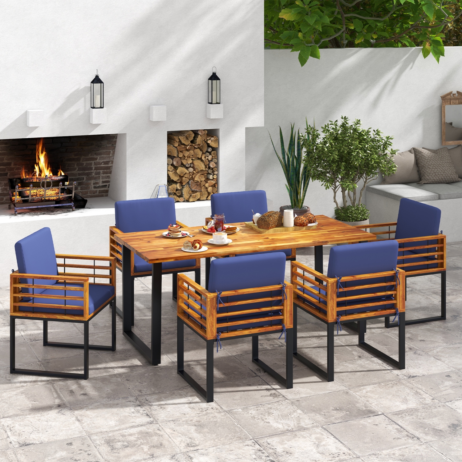 Ensemble de patio robuste avec table et chaises en bois d'acacia 7pcs de Costway pour l'extérieur