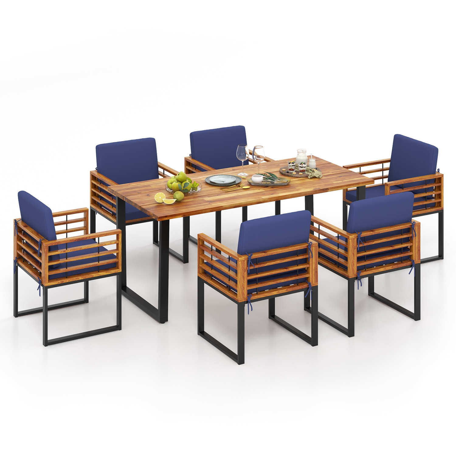 Ensemble de patio robuste avec table et chaises en bois d'acacia 7pcs de Costway pour l'extérieur