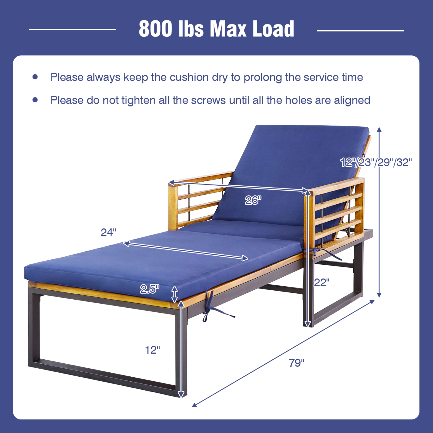 Costway Patio Cushioned Chaise Lounge Chair Adjustable Reclining Lounger Navy 800 lbs