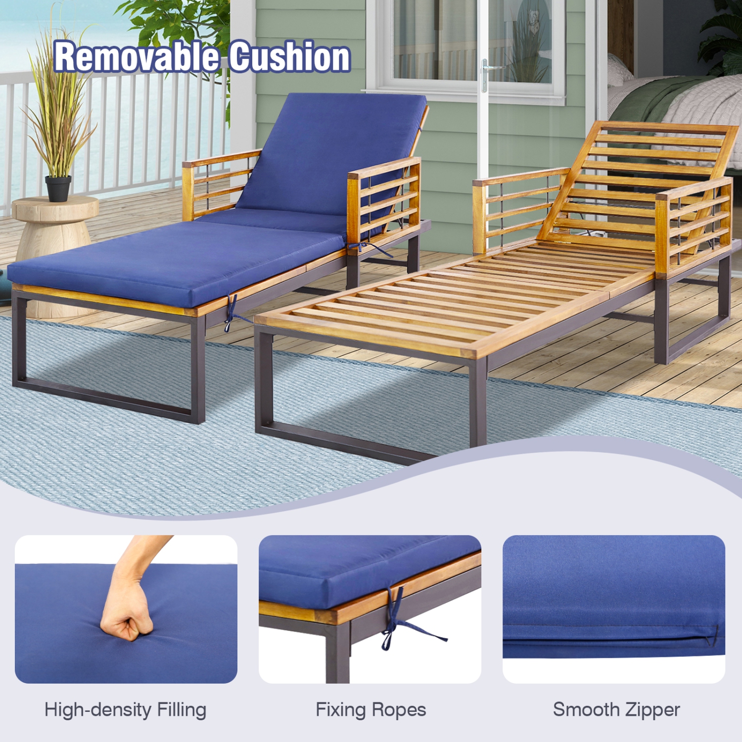 Costway Patio Cushioned Chaise Lounge Chair Adjustable Reclining Lounger Navy 800 lbs