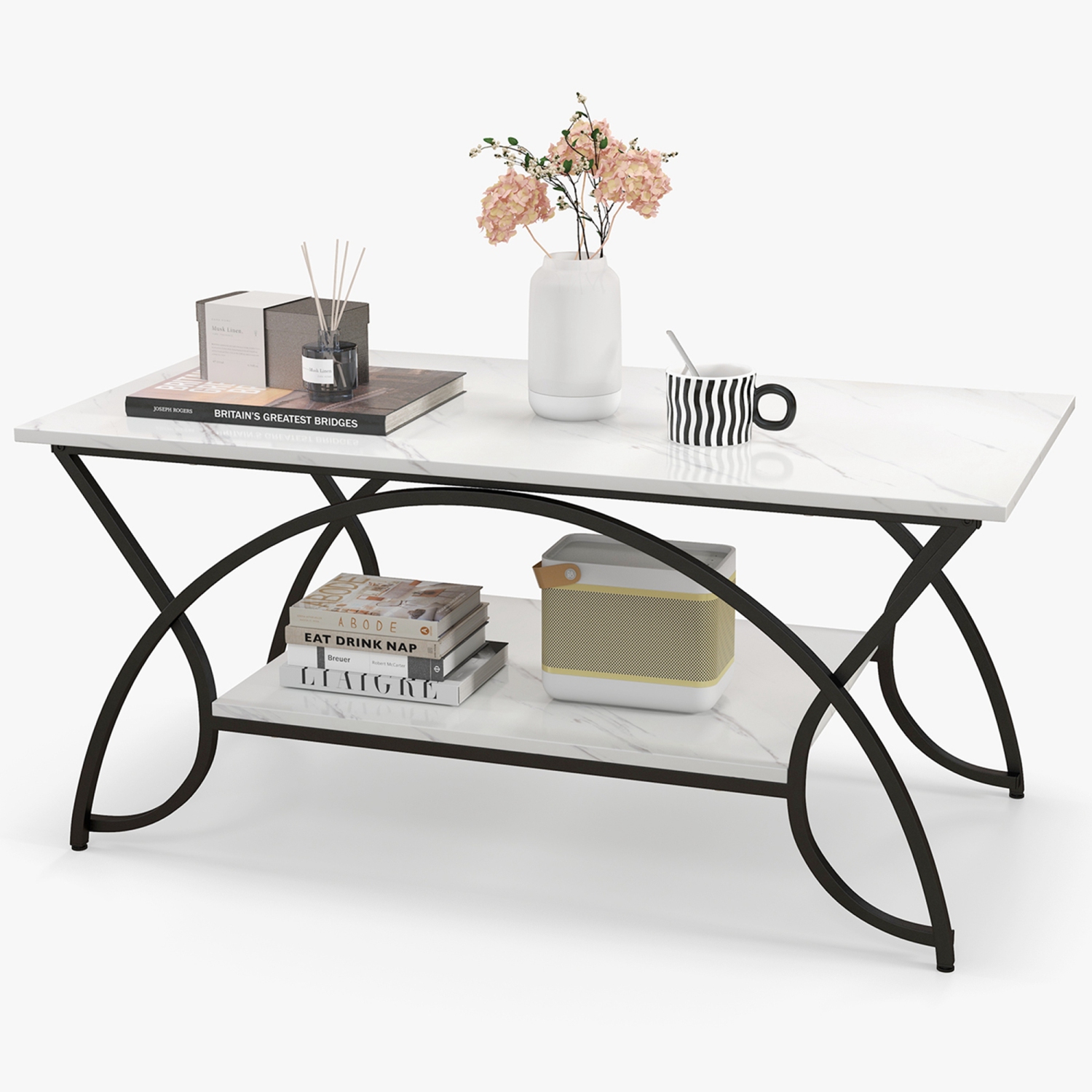 Costway 2-Tier Industrial Coffee Table Rectangular Cocktail Table with Storage Shelf