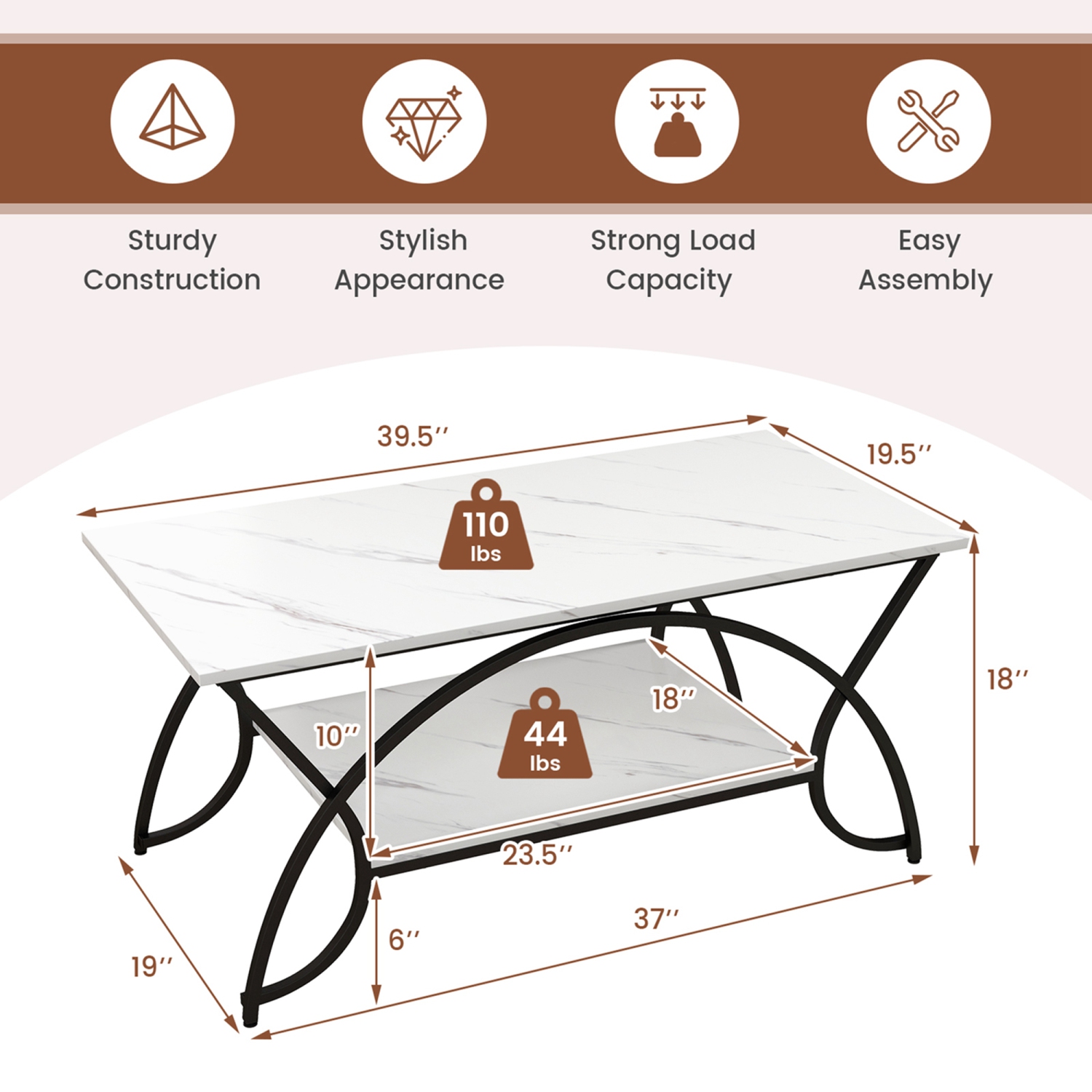 Costway 2-Tier Industrial Coffee Table Rectangular Cocktail Table with Storage Shelf