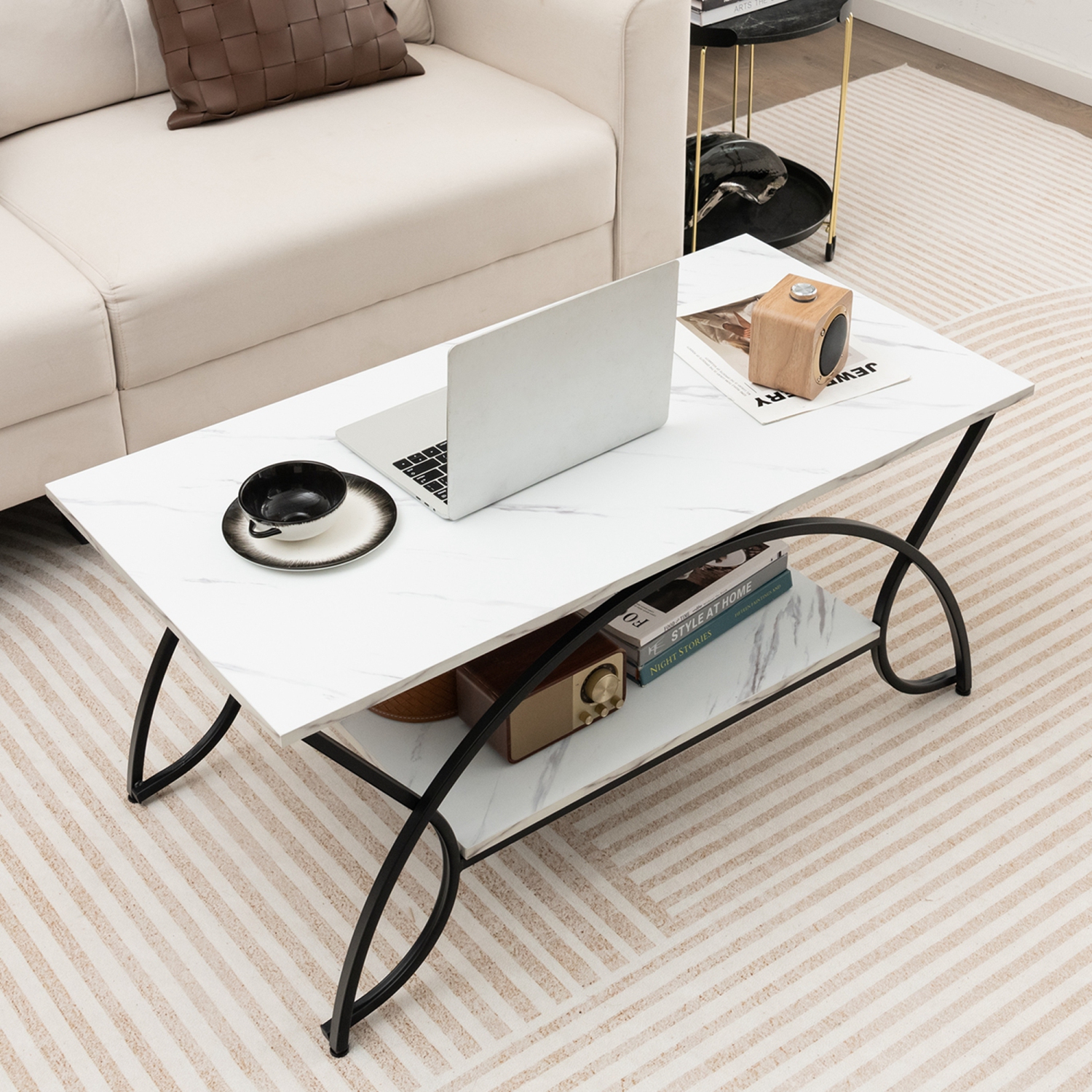 Costway 2-Tier Industrial Coffee Table Rectangular Cocktail Table with Storage Shelf