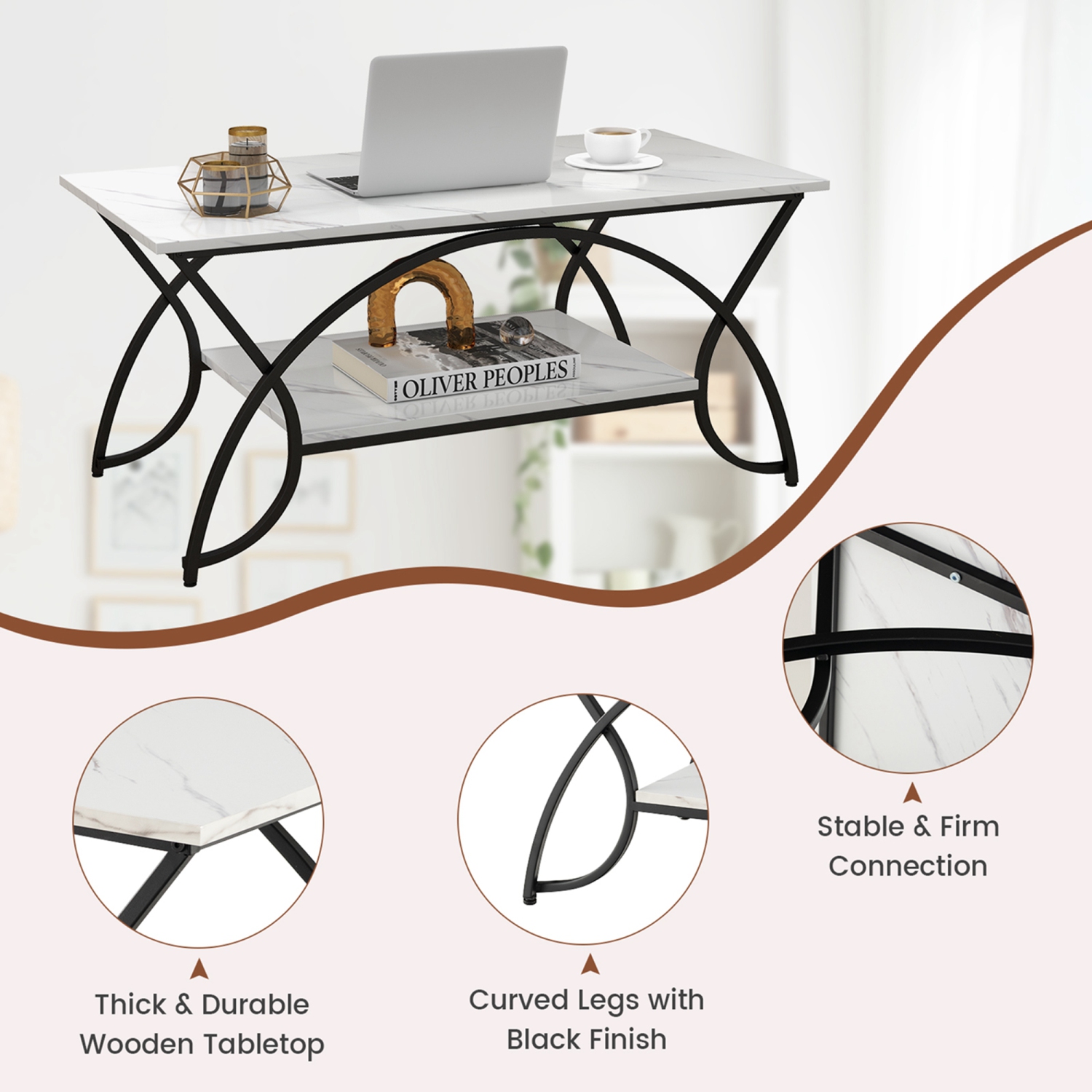 Costway 2-Tier Industrial Coffee Table Rectangular Cocktail Table with Storage Shelf