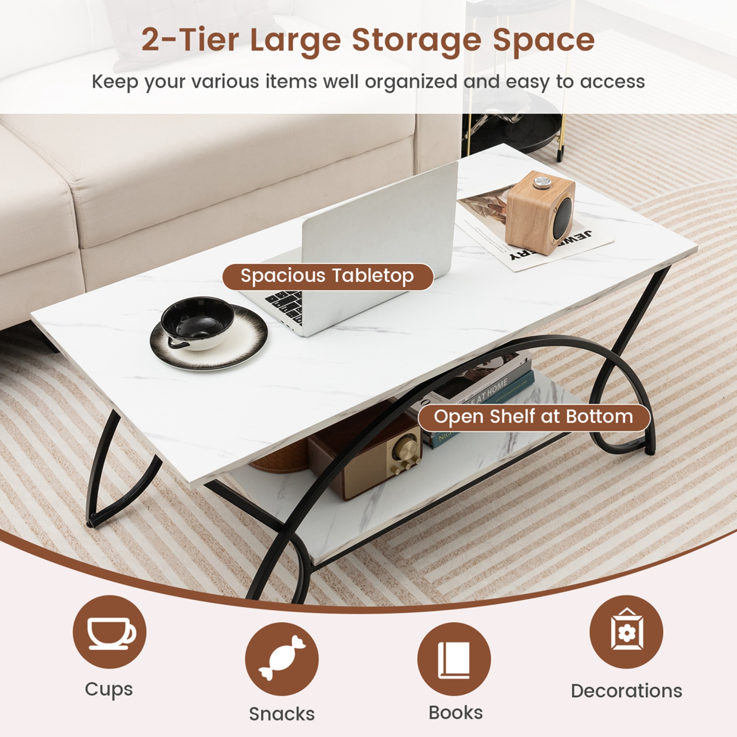 Costway 2-Tier Industrial Coffee Table Rectangular Cocktail Table with Storage Shelf