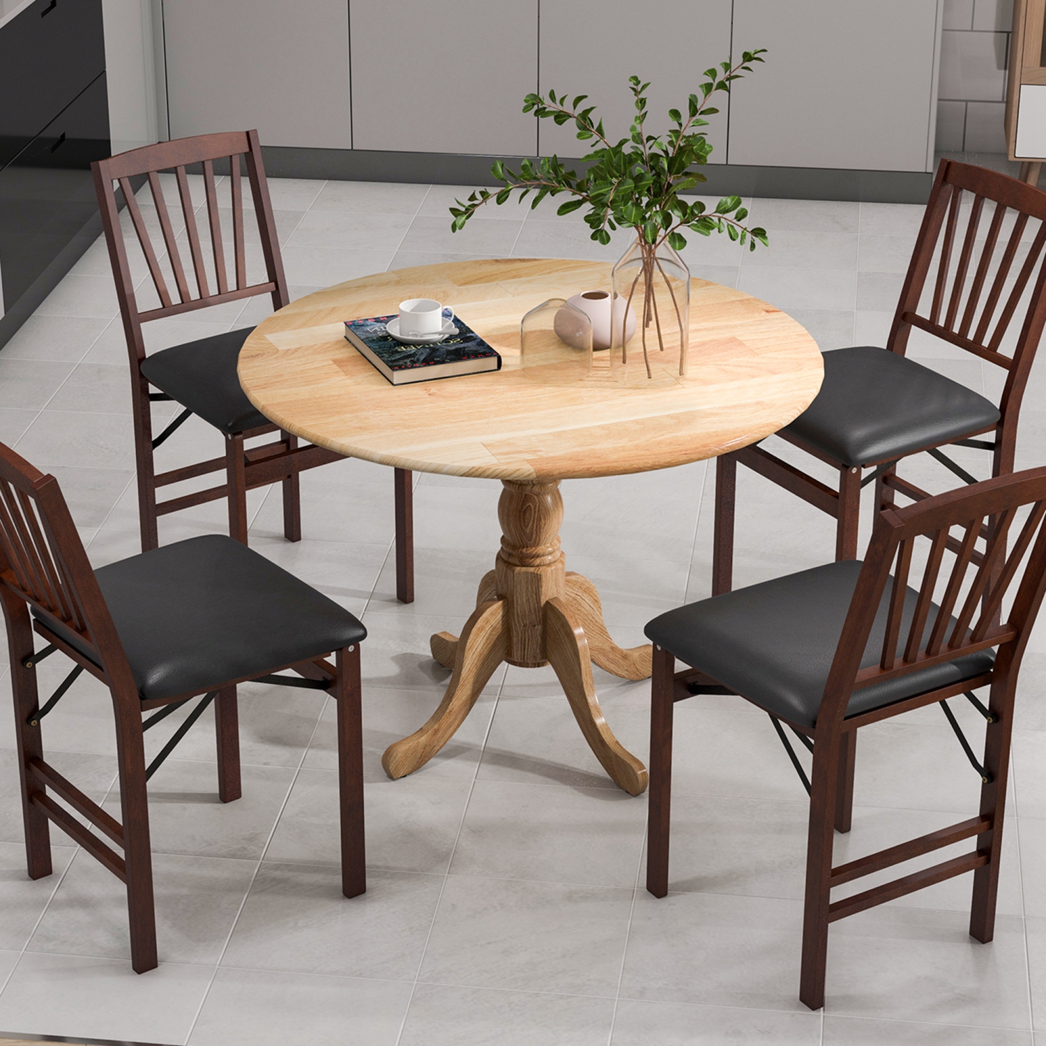 Costway Rustic Dining Table Wooden Dining Table with Round Tabletop & Curved Trestle Legs