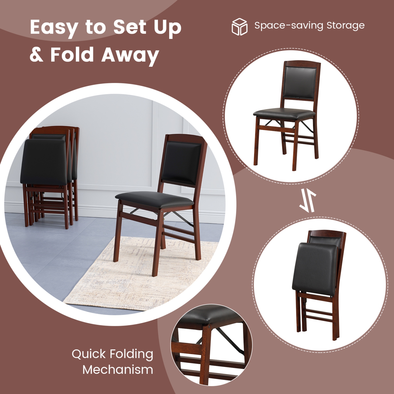Costway 2 Pack Folding Dining Chairs Foldable Chairs with PVC Padded Seat & High Backrest