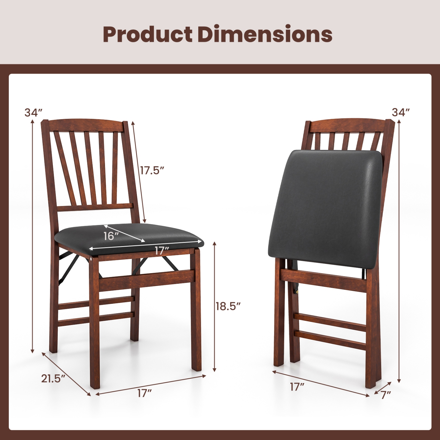Costway 2 Pack Folding Dining Chairs Foldable Chairs with PVC Padded Seat & High Backrest