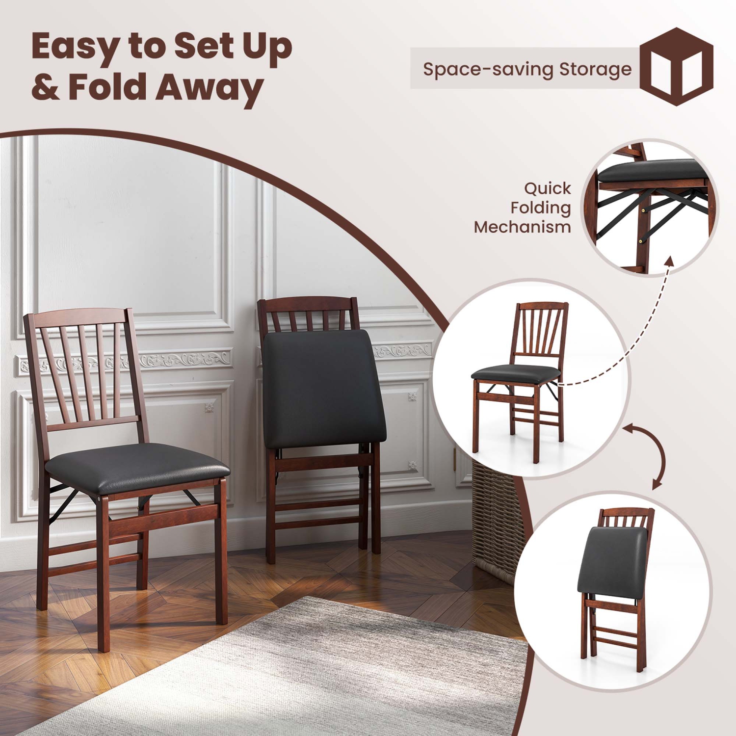 Costway 2 Pack Folding Dining Chairs Foldable Chairs with PVC Padded Seat & High Backrest