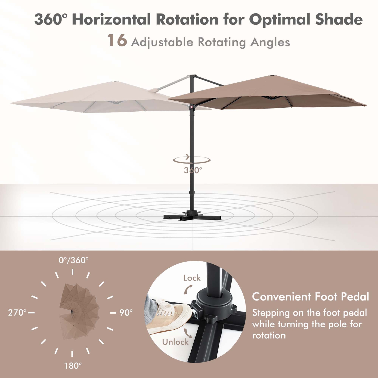 Parasol suspendu excentré carré à 9,5FT niveaux 2 pi 360° de Costway pour patio