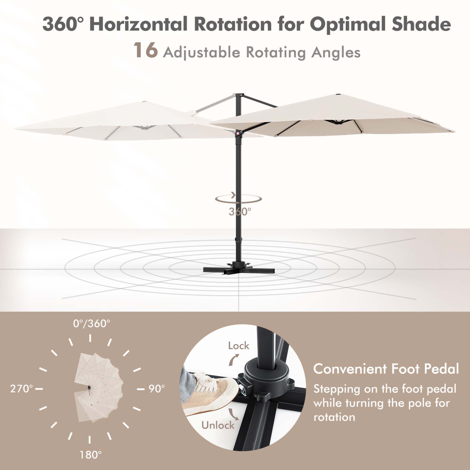 Parasol suspendu excentré carré à 9,5FT niveaux 2 pi 360° de Costway pour patio