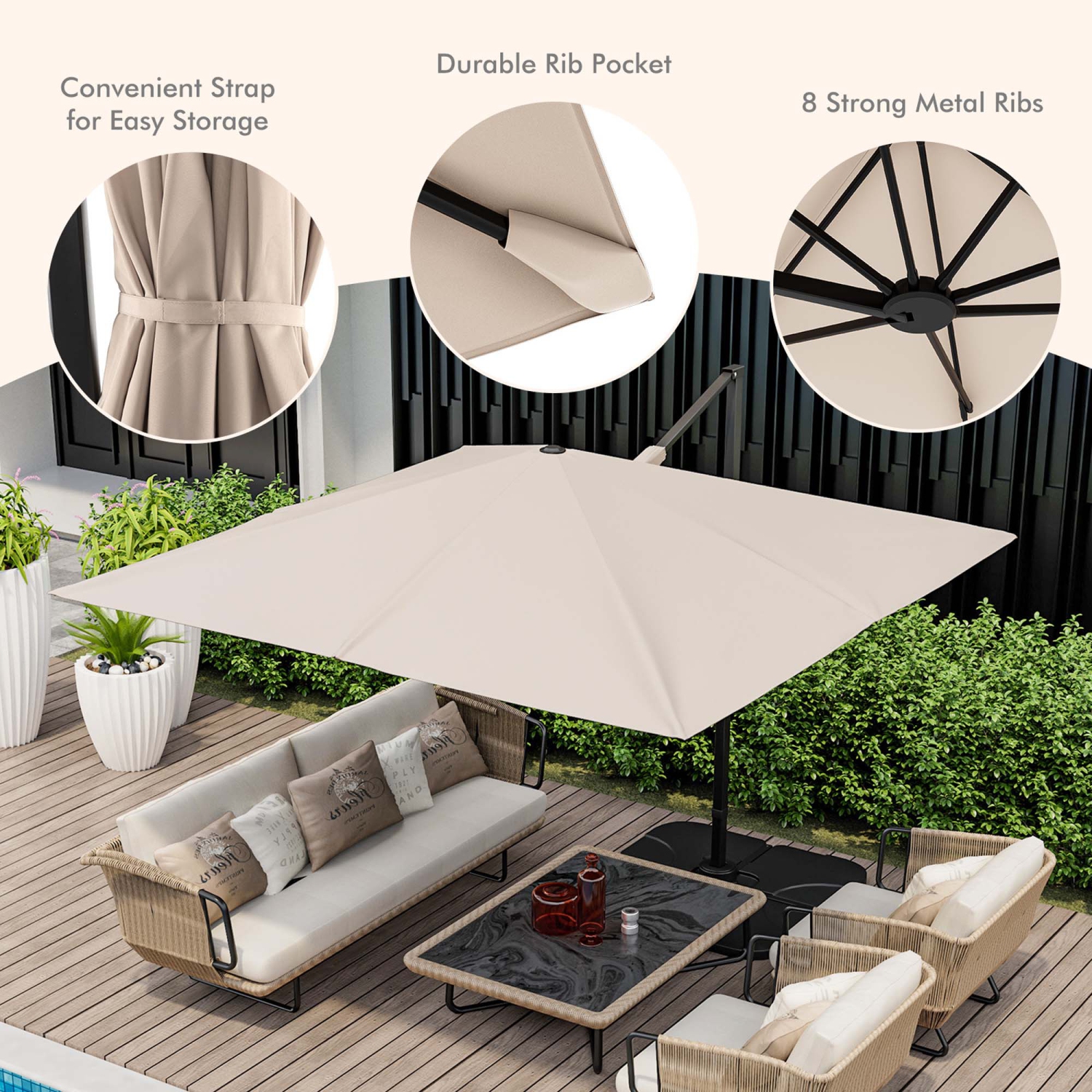 Parasol suspendu excentré carré à 9,5FT niveaux 2 pi 360° de Costway pour patio