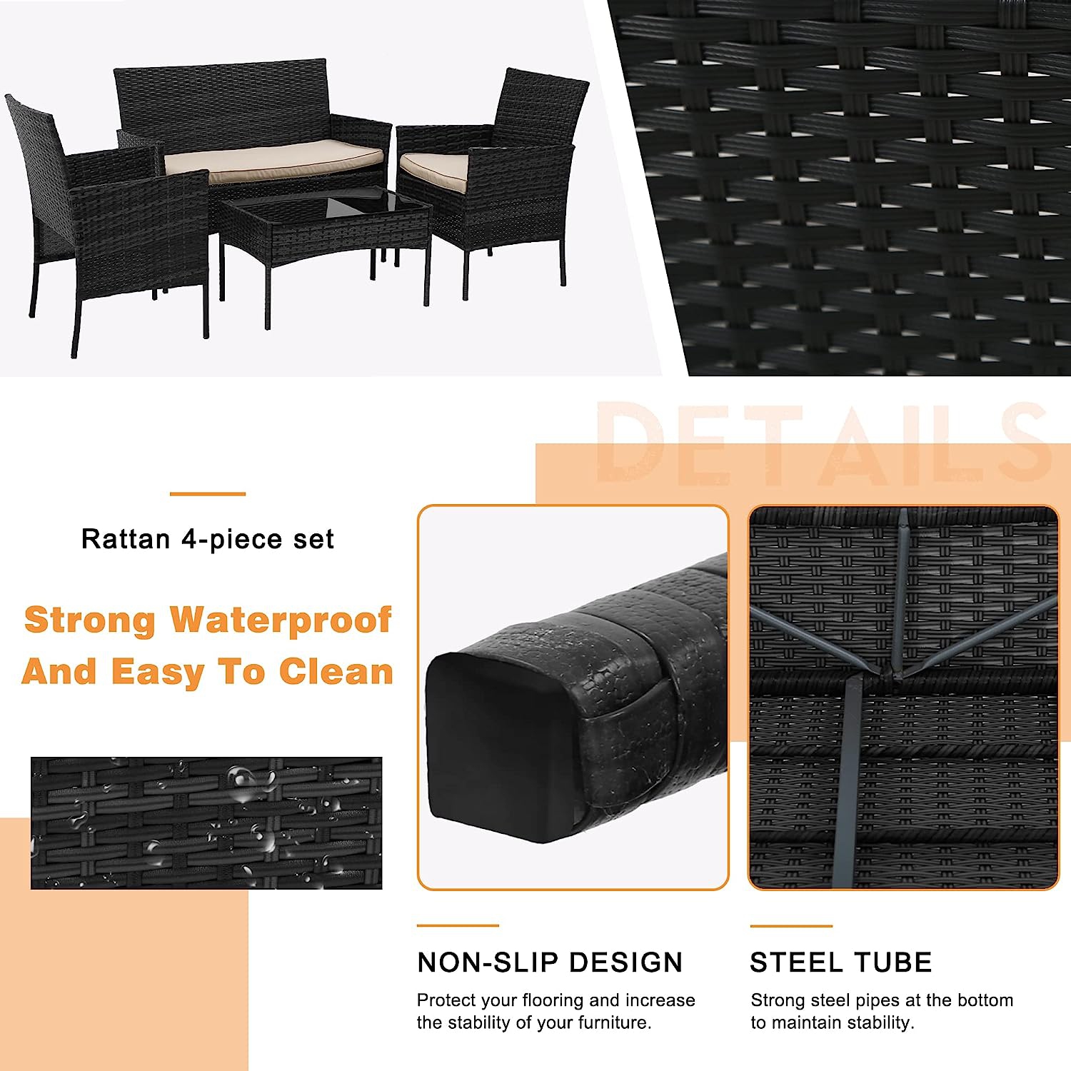 Mobilier de cour 4 pièces extérieur patio intérieur en osier avec table et coussin beige convient pour balcon de jardin de terrasse, noir.