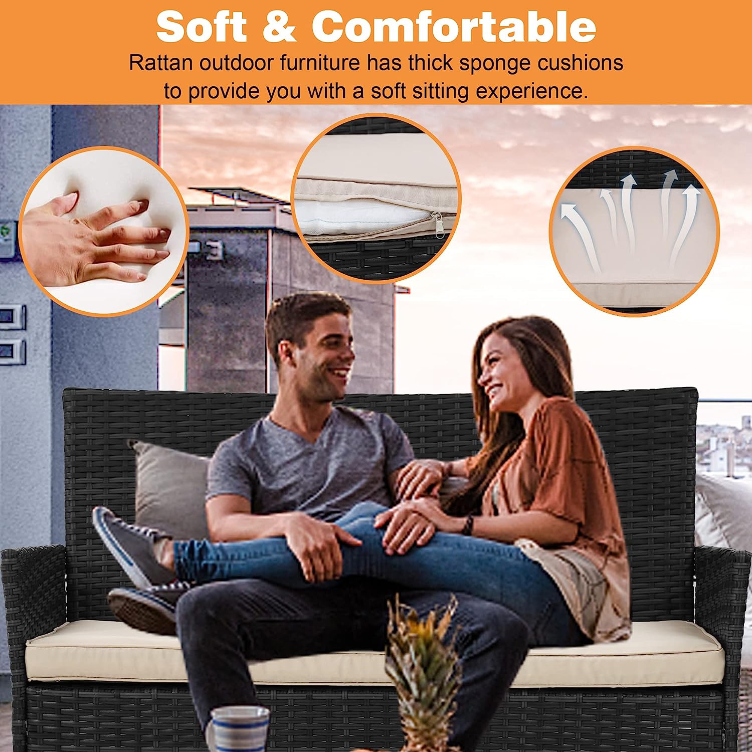 Mobilier de cour 4 pièces extérieur patio intérieur en osier avec table et coussin beige convient pour balcon de jardin de terrasse, noir.