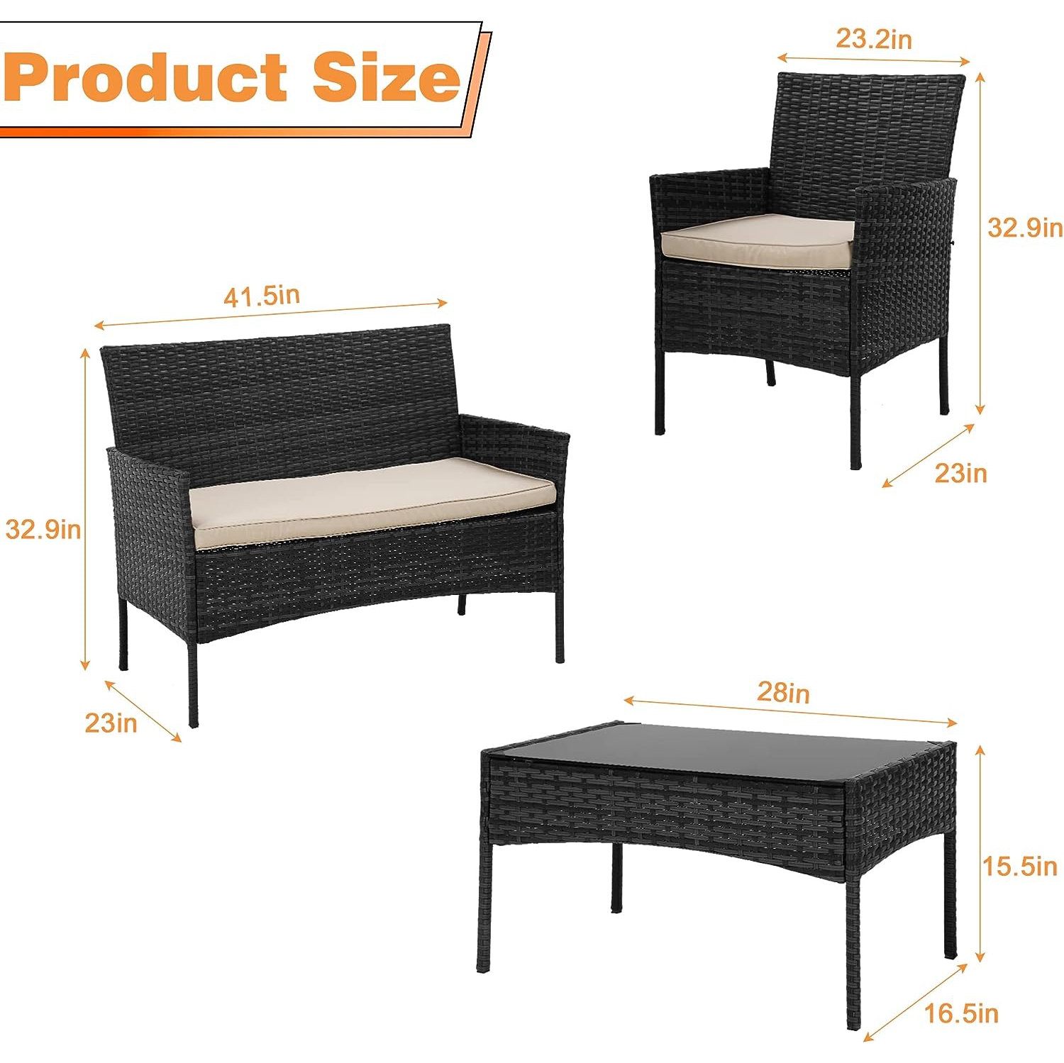 Mobilier de cour 4 pièces extérieur patio intérieur en osier avec table et coussin beige convient pour balcon de jardin de terrasse, noir.