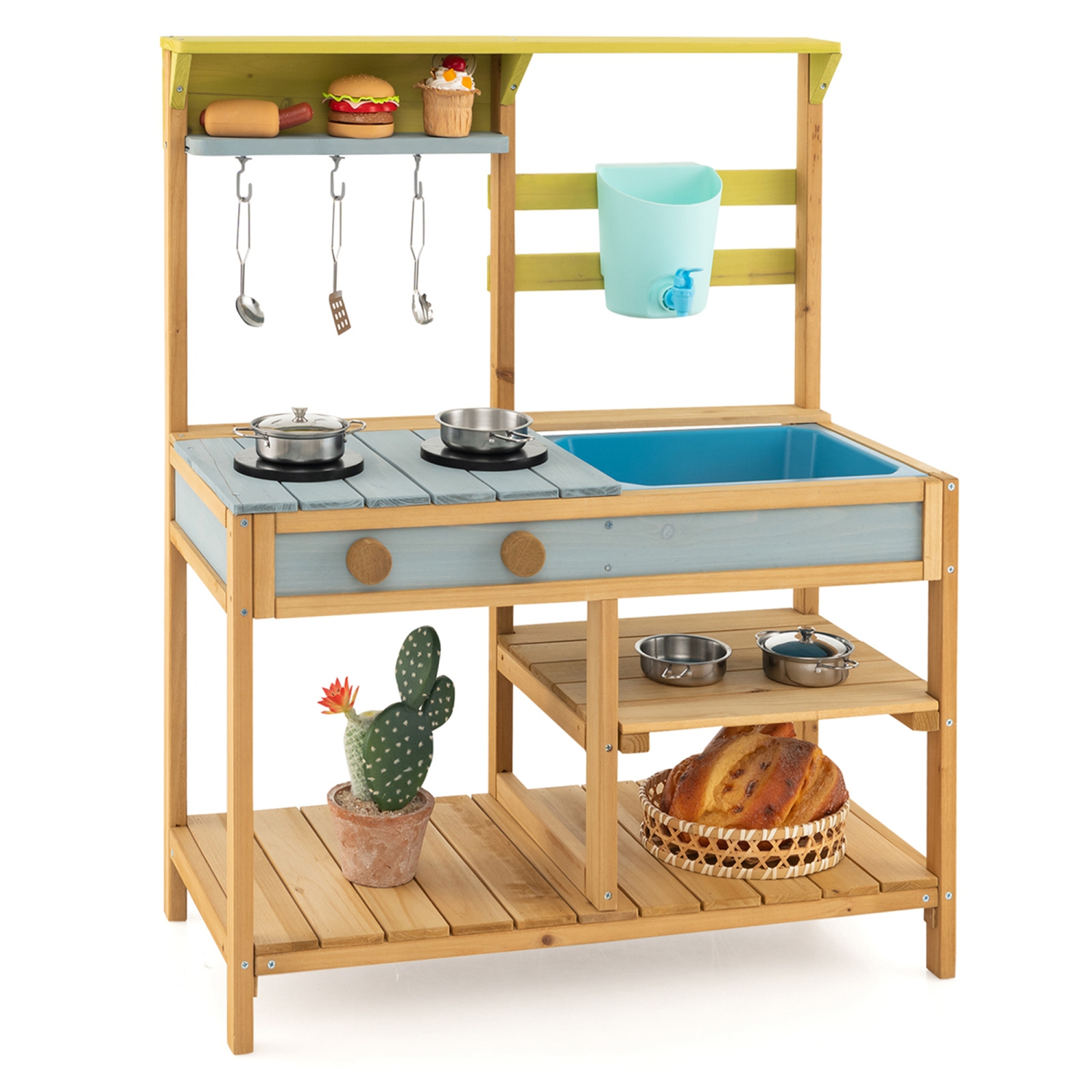 Ensemble de cuisine de jeu en bois de Costway, cuisine mud pour enfants d'extérieur avec robinet et distributeur d'eau