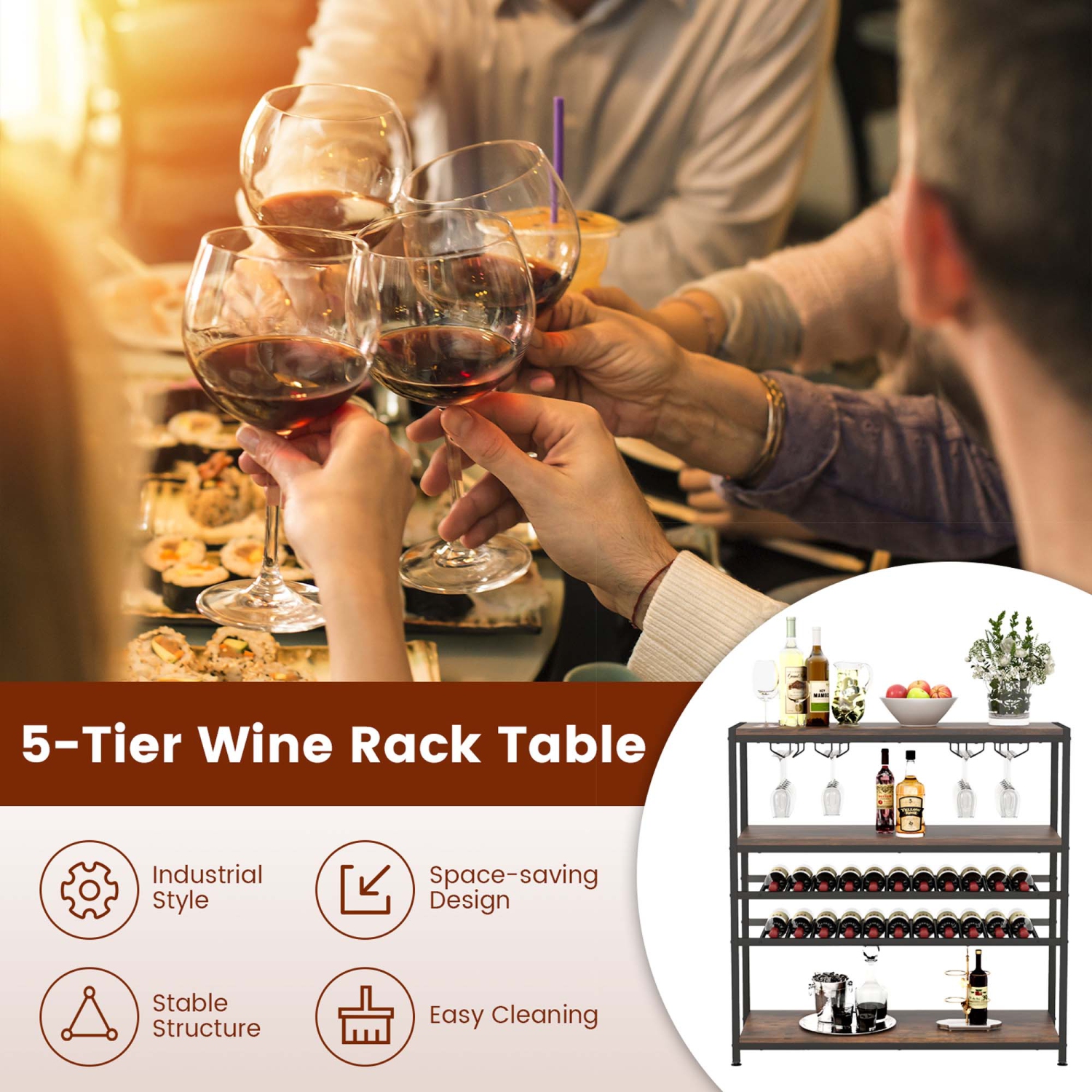 Costway Rustic 5-tier Wine Rack Table 22 Bottle Wine Cabinet Freestanding with Glass Holder