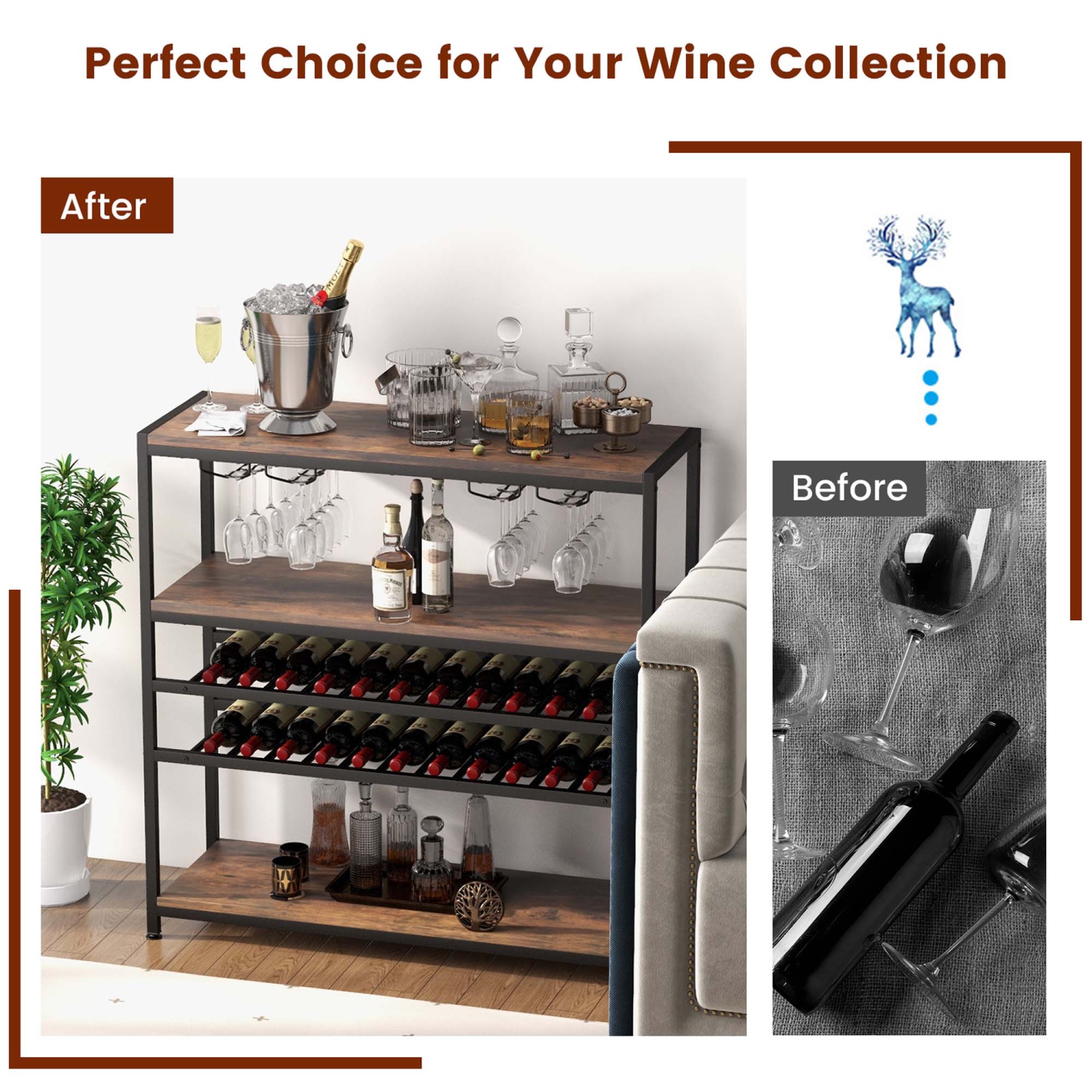 Costway Rustic 5-tier Wine Rack Table 22 Bottle Wine Cabinet Freestanding with Glass Holder