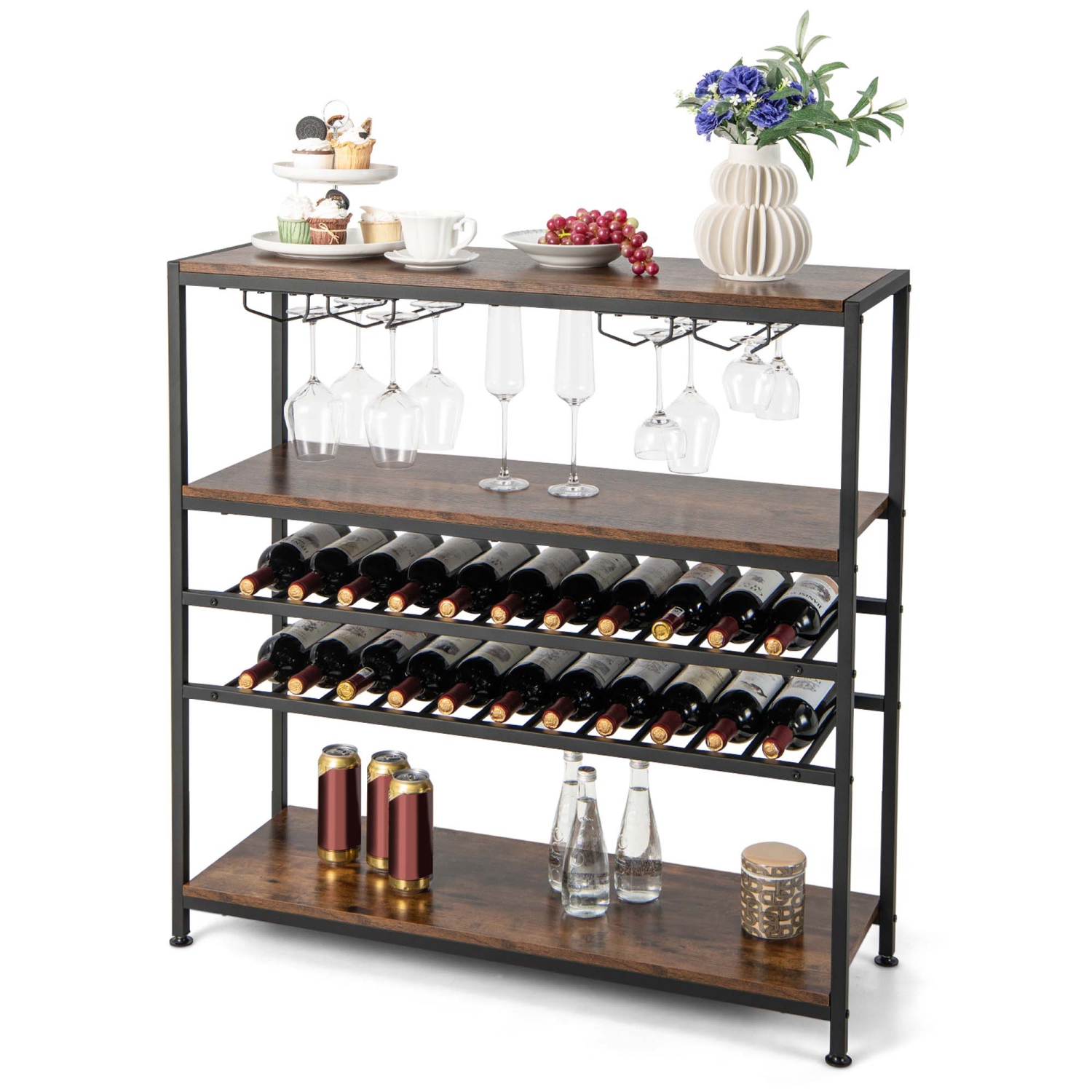 Costway Rustic 5-tier Wine Rack Table 22 Bottle Wine Cabinet Freestanding with Glass Holder