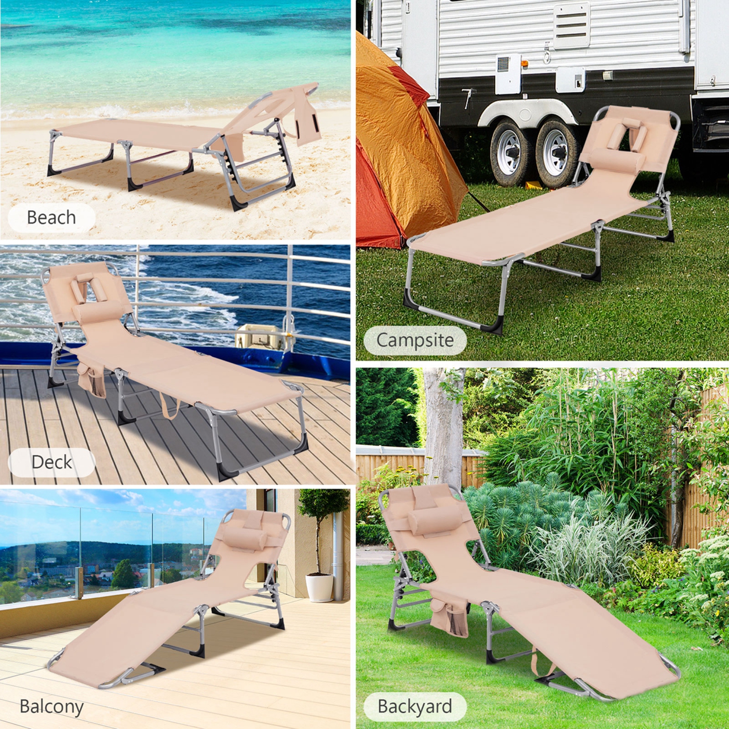 Costway Outdoor Beach Lounge Chair Folding Chaise Lounge with Pillow