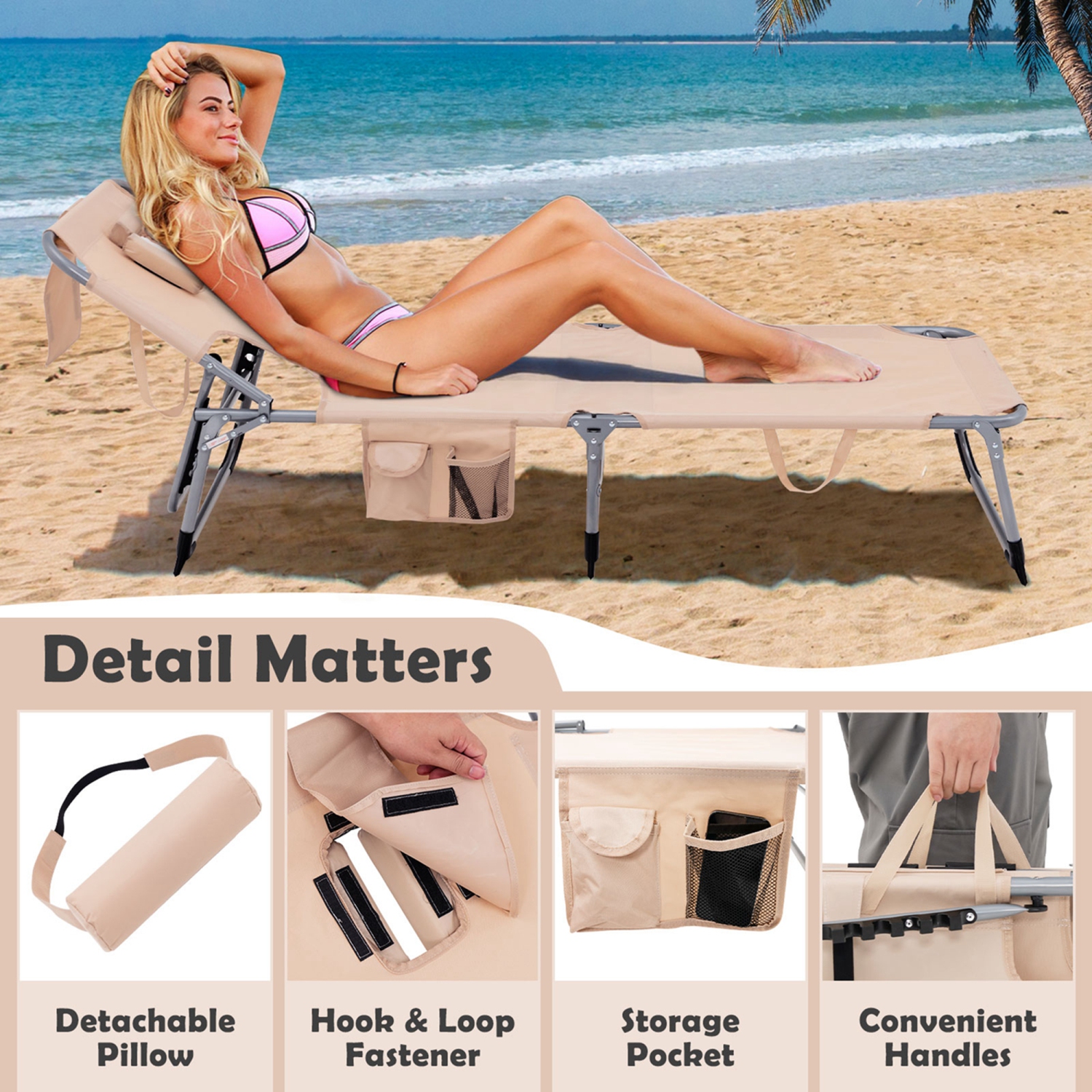 Costway Outdoor Beach Lounge Chair Folding Chaise Lounge with Pillow