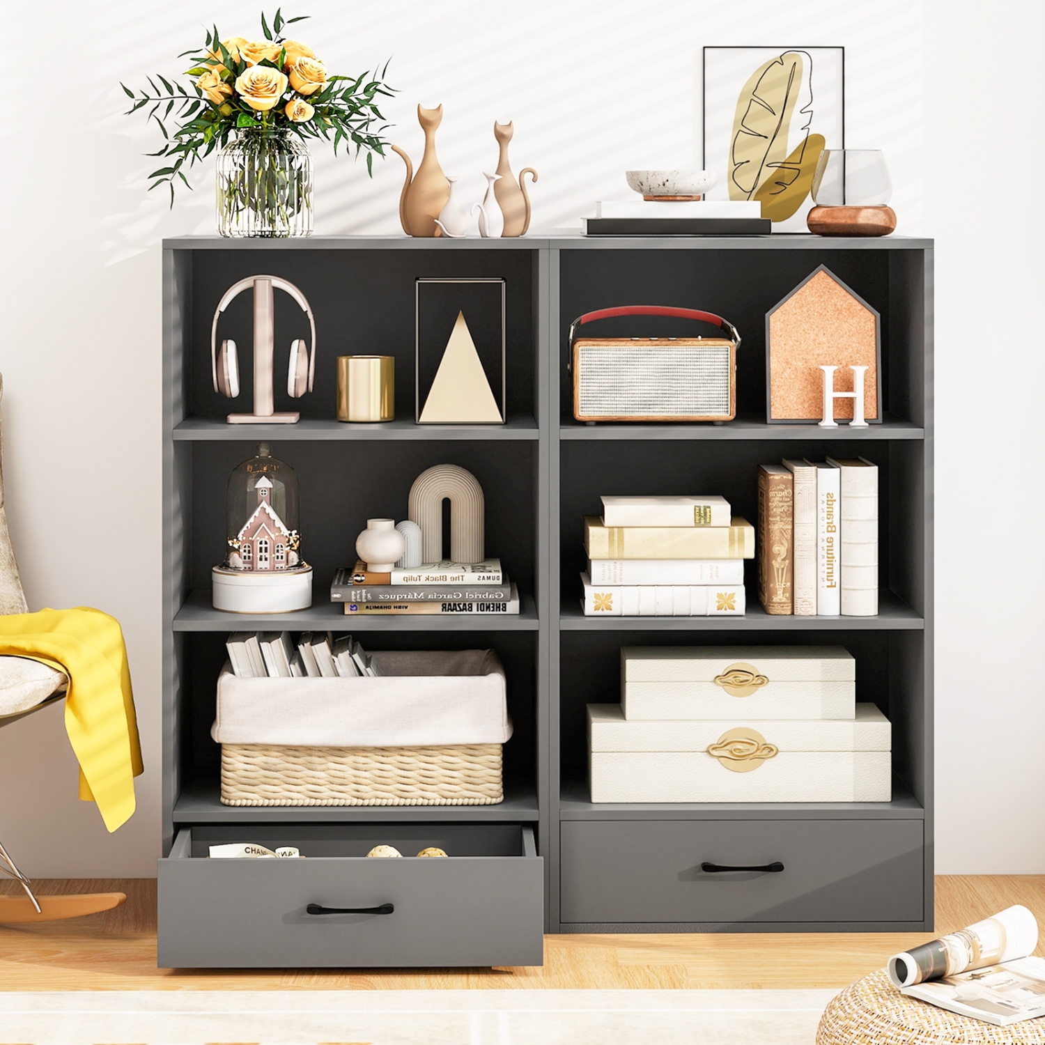 Bibliothèque 4 niveaux 48 po avec tablettes et tiroir de Costway - Gris-blanc-naturel