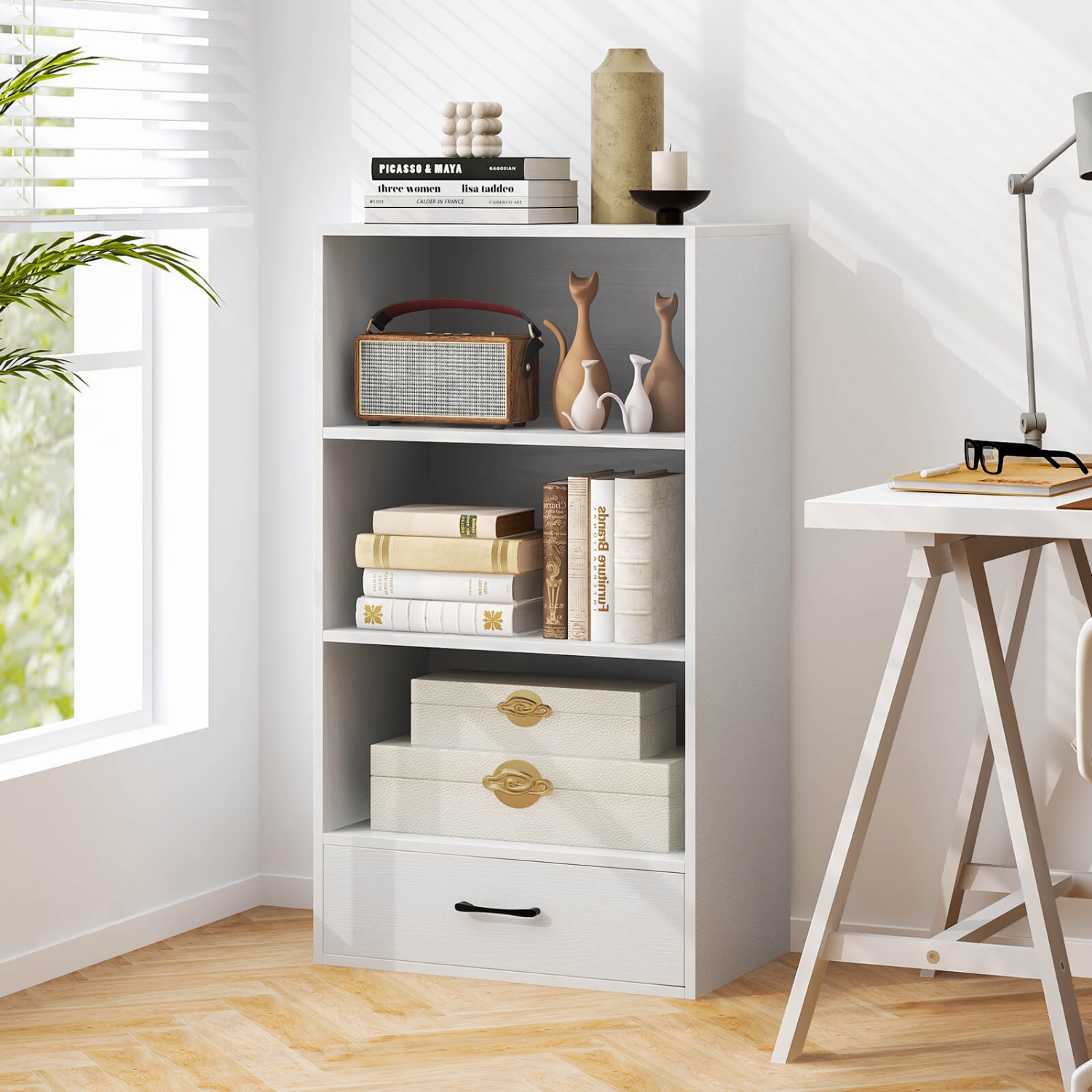 Bibliothèque 4 niveaux 48 po avec tablettes et tiroir de Costway - Gris-blanc-naturel