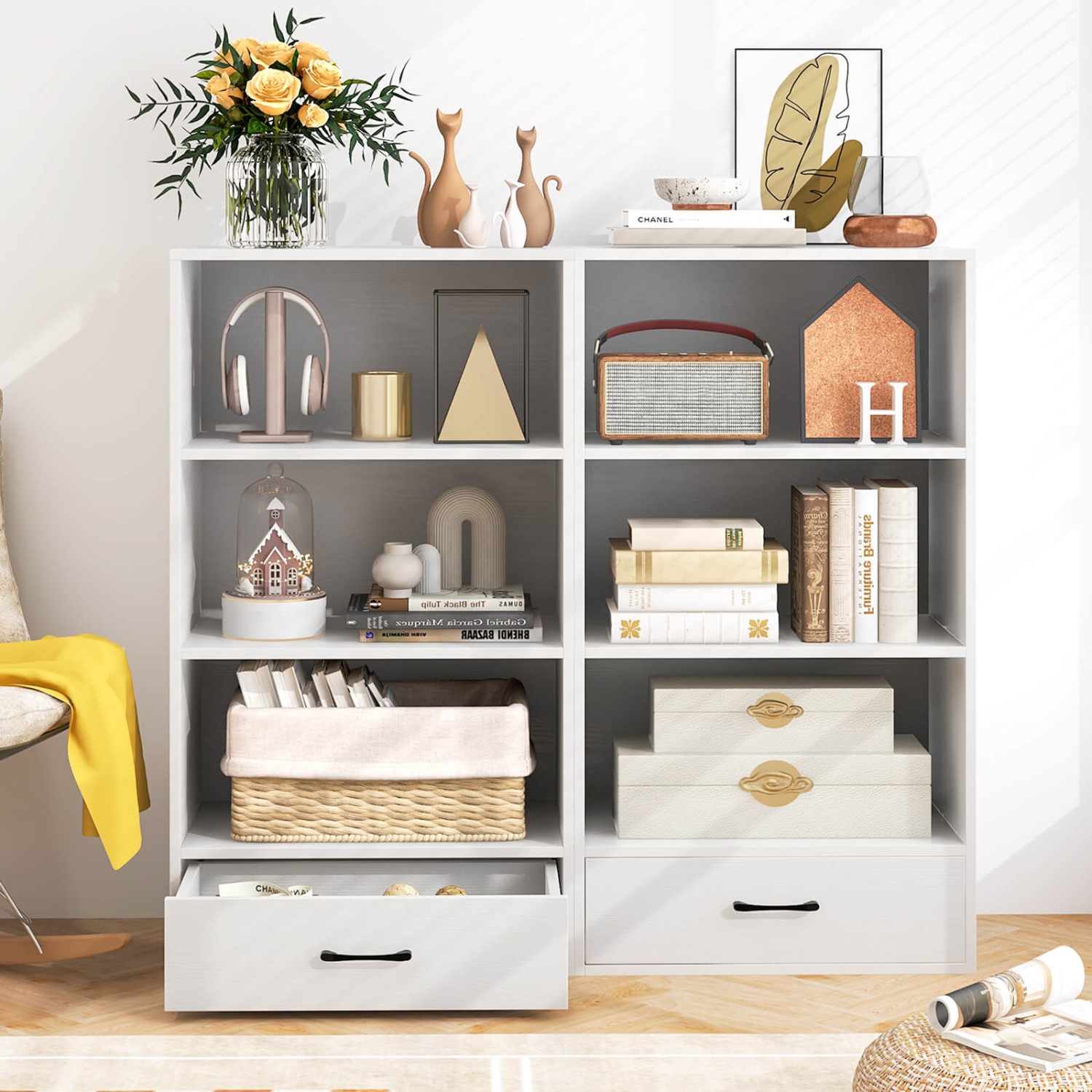 Bibliothèque 4 niveaux 48 po avec tablettes et tiroir de Costway - Gris-blanc-naturel