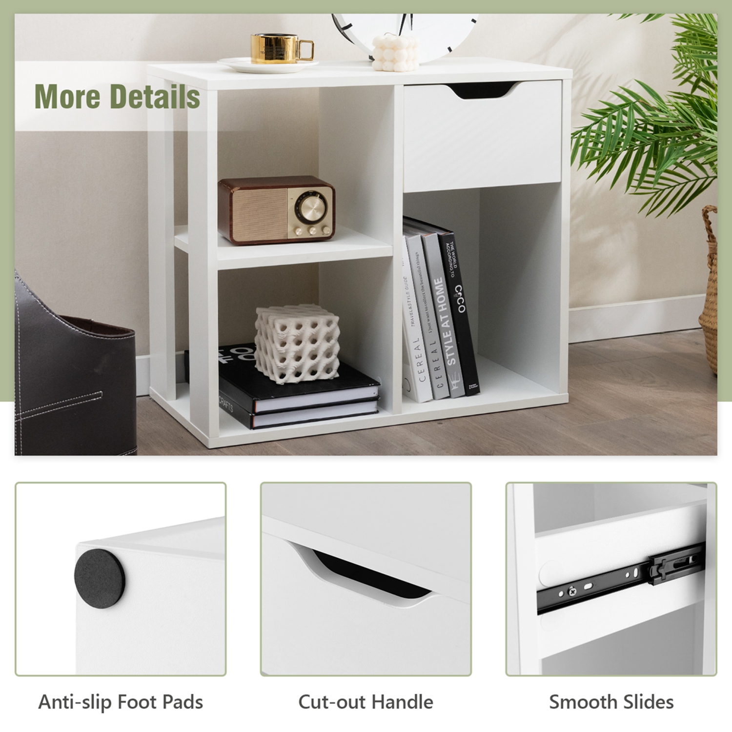 Costway 3-Cube Bookcase Organizer with 2-tier Wooden Storage Shelf & Pull-out Drawer