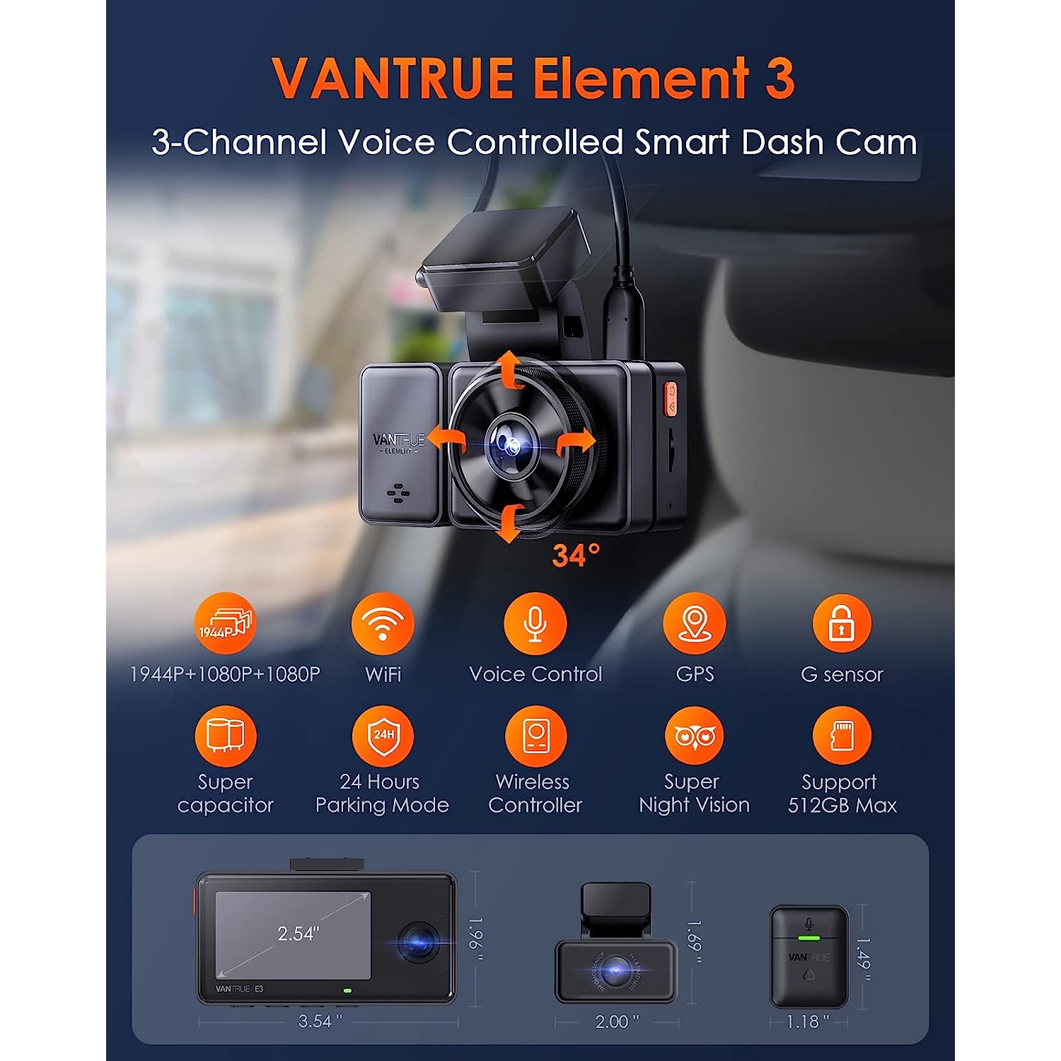 VANTRUE E3 1944P Front 1080P Inside 1080P Rear Dashboard Camera