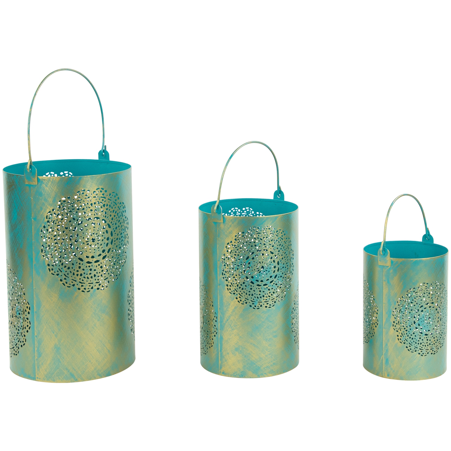 Set of 3 Turquoise and Gold Floral Laser-Cut Pillar Candle Lanterns