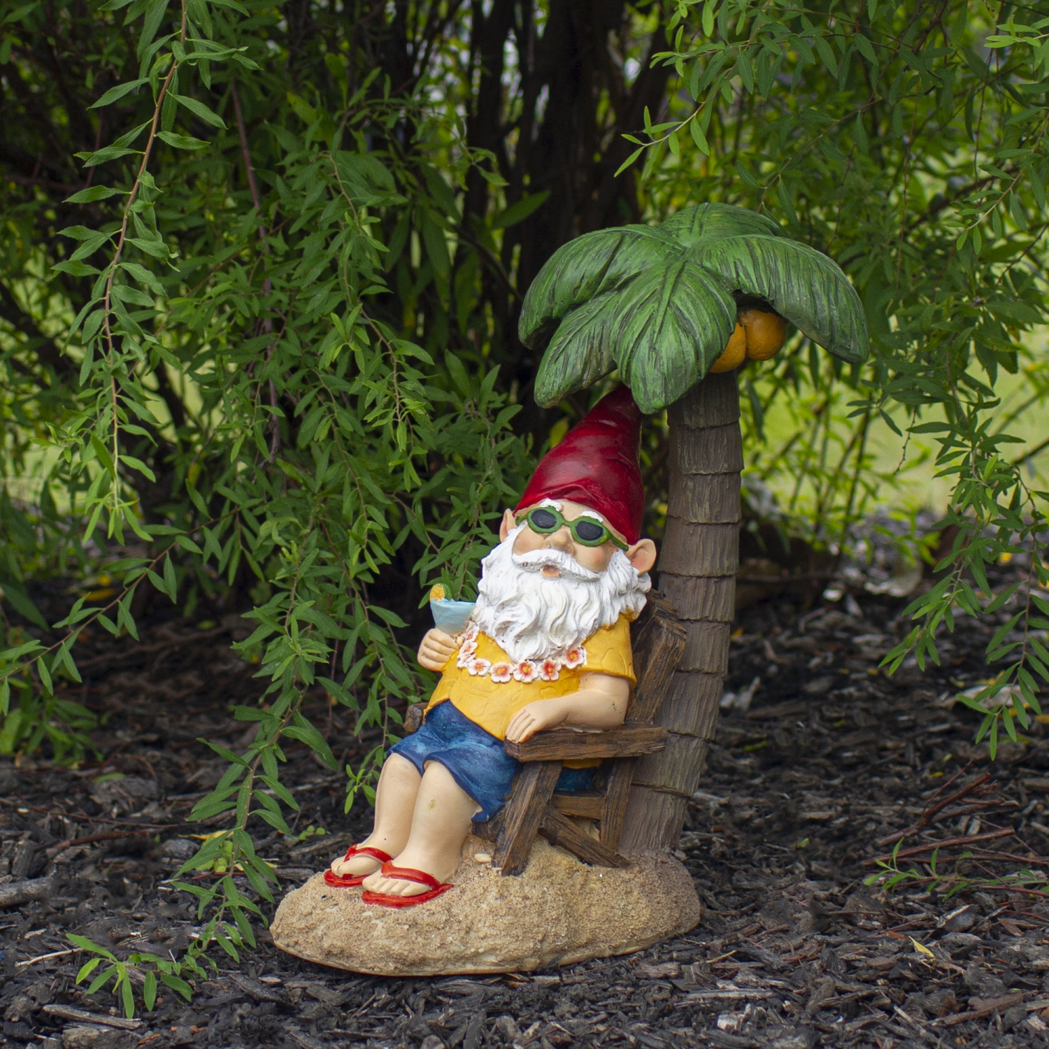 12.25" Tropical Gnome with Palm Tree Outdoor Garden Statue