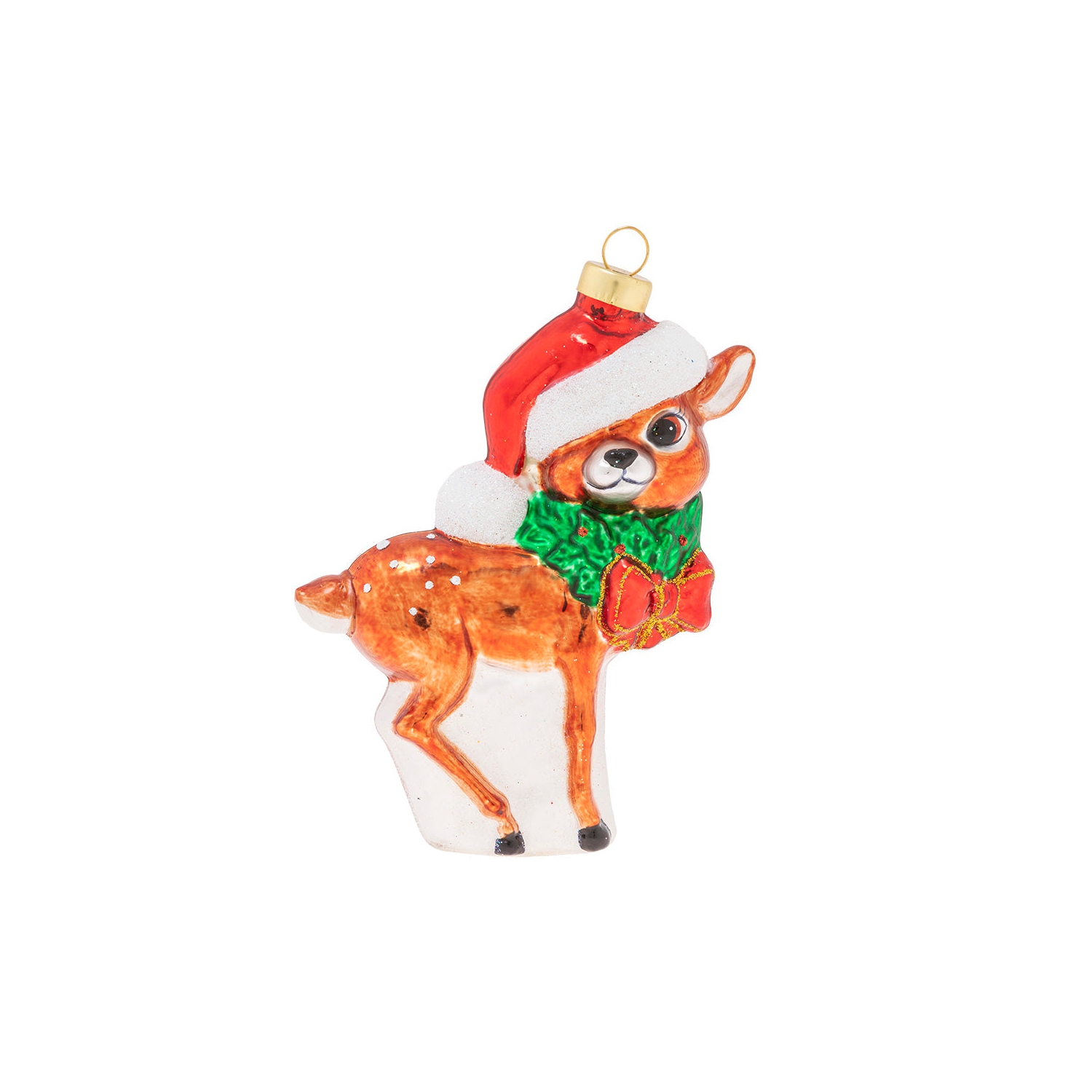 5" Jolly Reindeer Calf in Santa Hat Glass Christmas Ornament