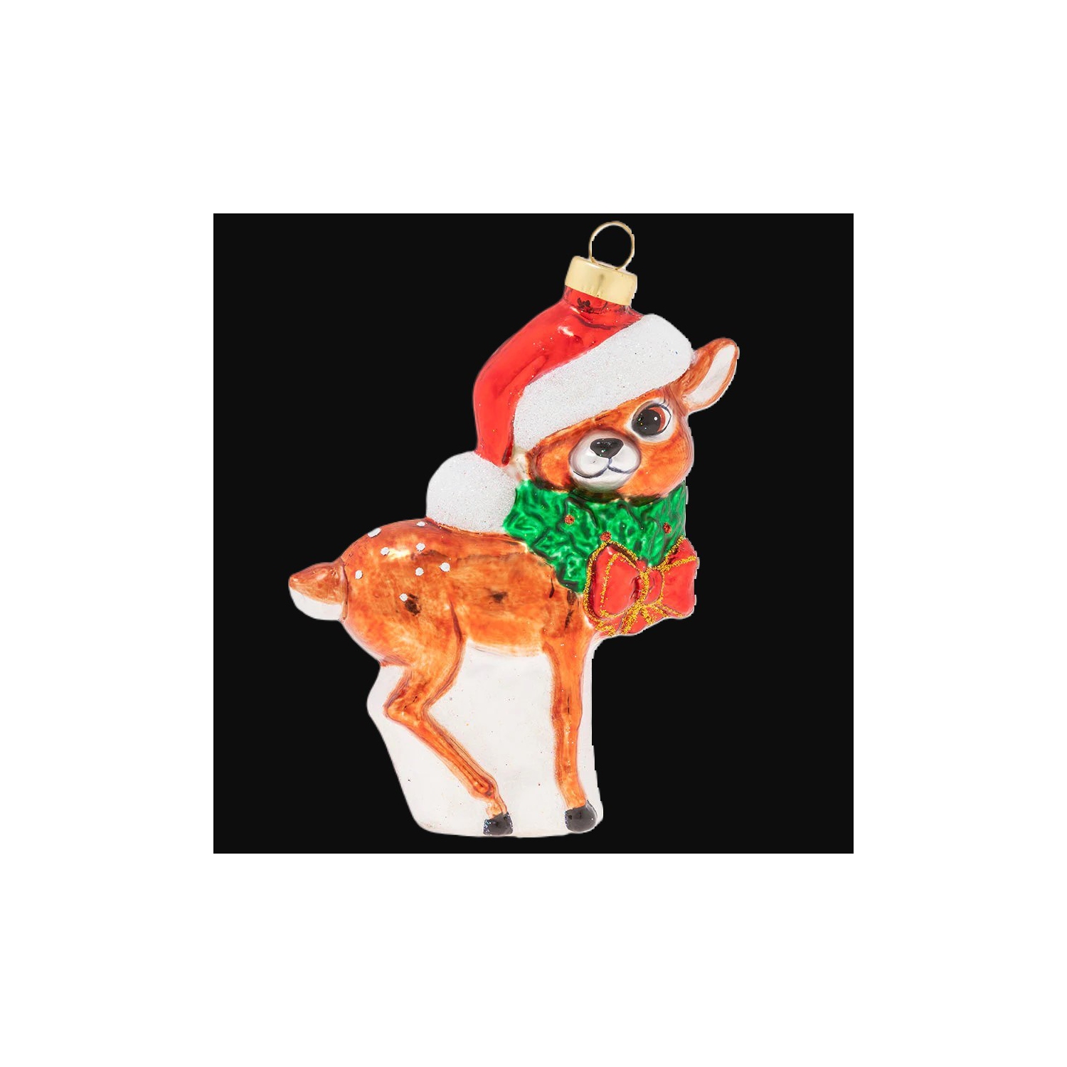 5" Jolly Reindeer Calf in Santa Hat Glass Christmas Ornament