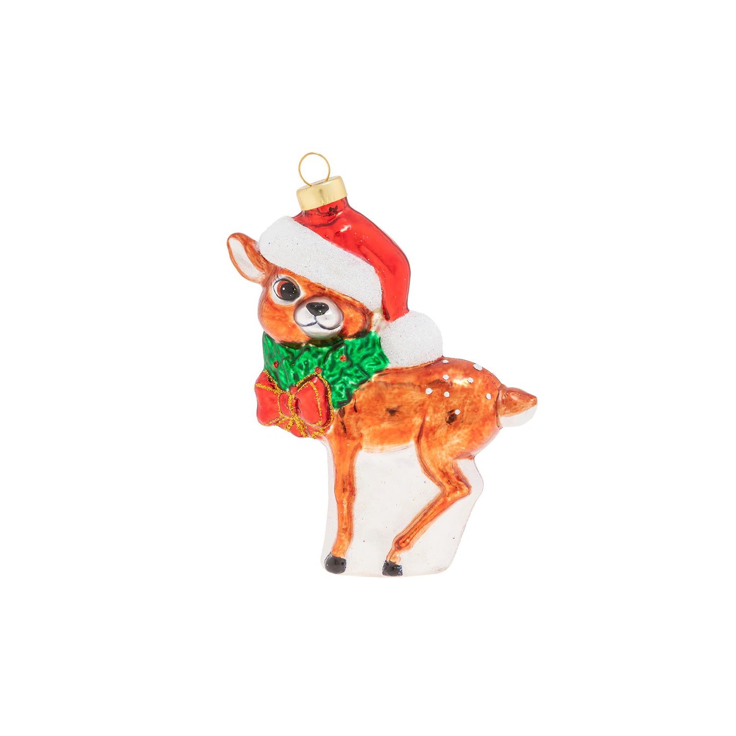 5" Jolly Reindeer Calf in Santa Hat Glass Christmas Ornament