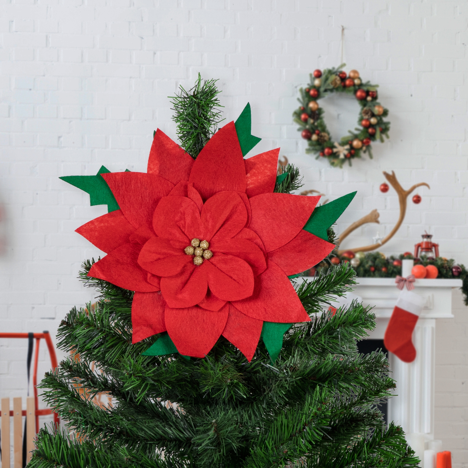 Red Poinsettia Tie-On Christmas Tree Topper Unlit - 14"