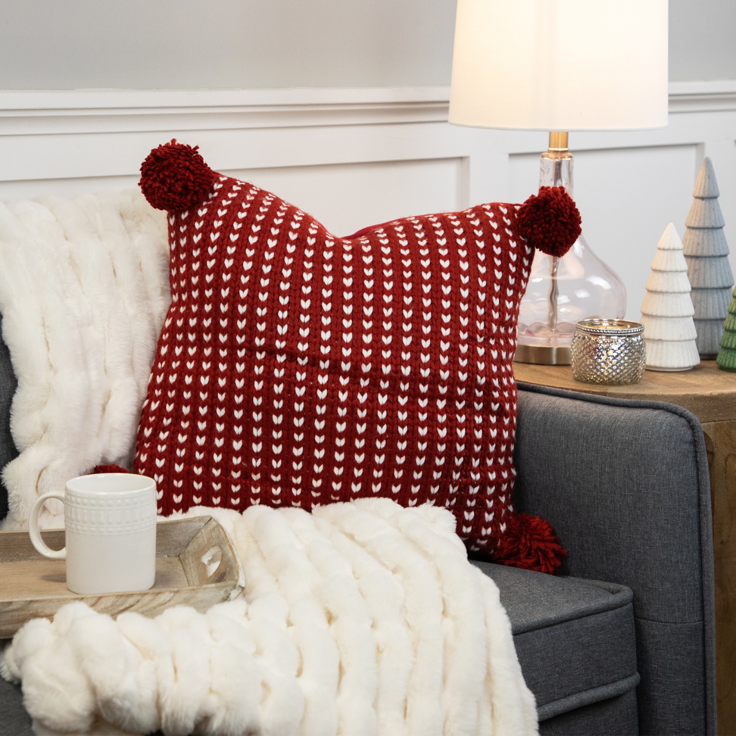 18" Red and White Knitted Square Throw Pillow with PomPoms