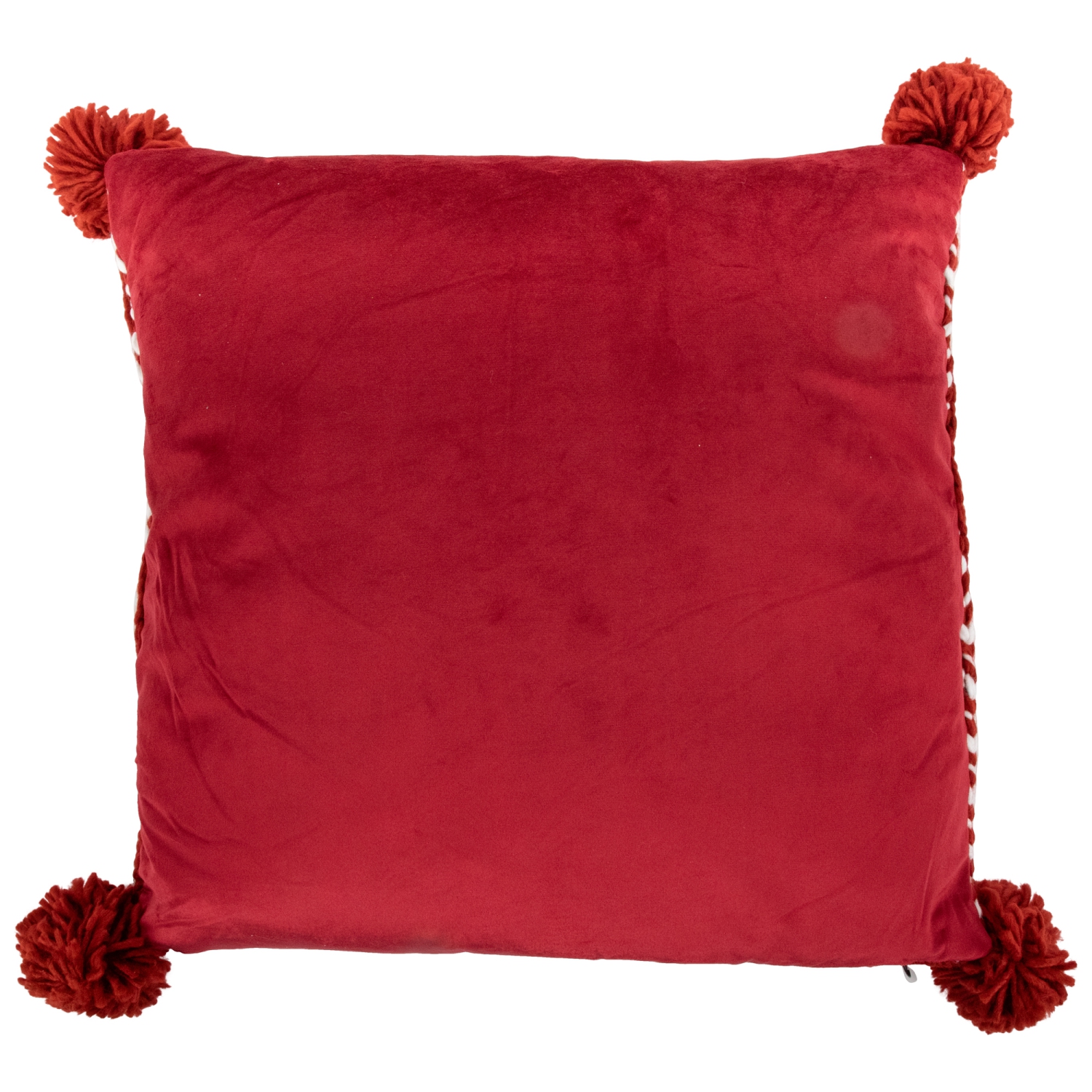 18" Red and White Knitted Square Throw Pillow with PomPoms