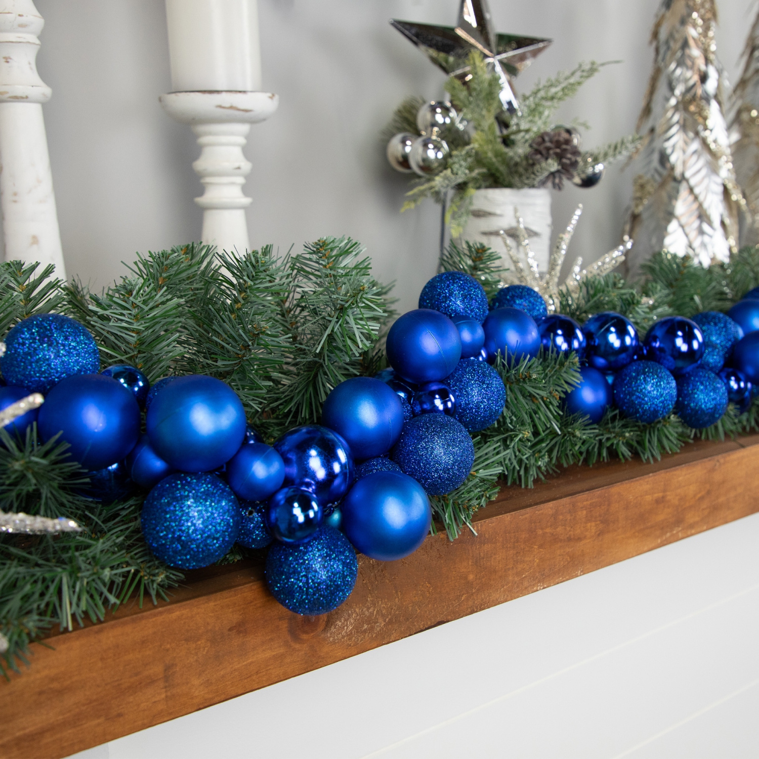 3-Finish Shatterproof Ball Christmas Garland - 6' x 3.5" - Blue - Unlit