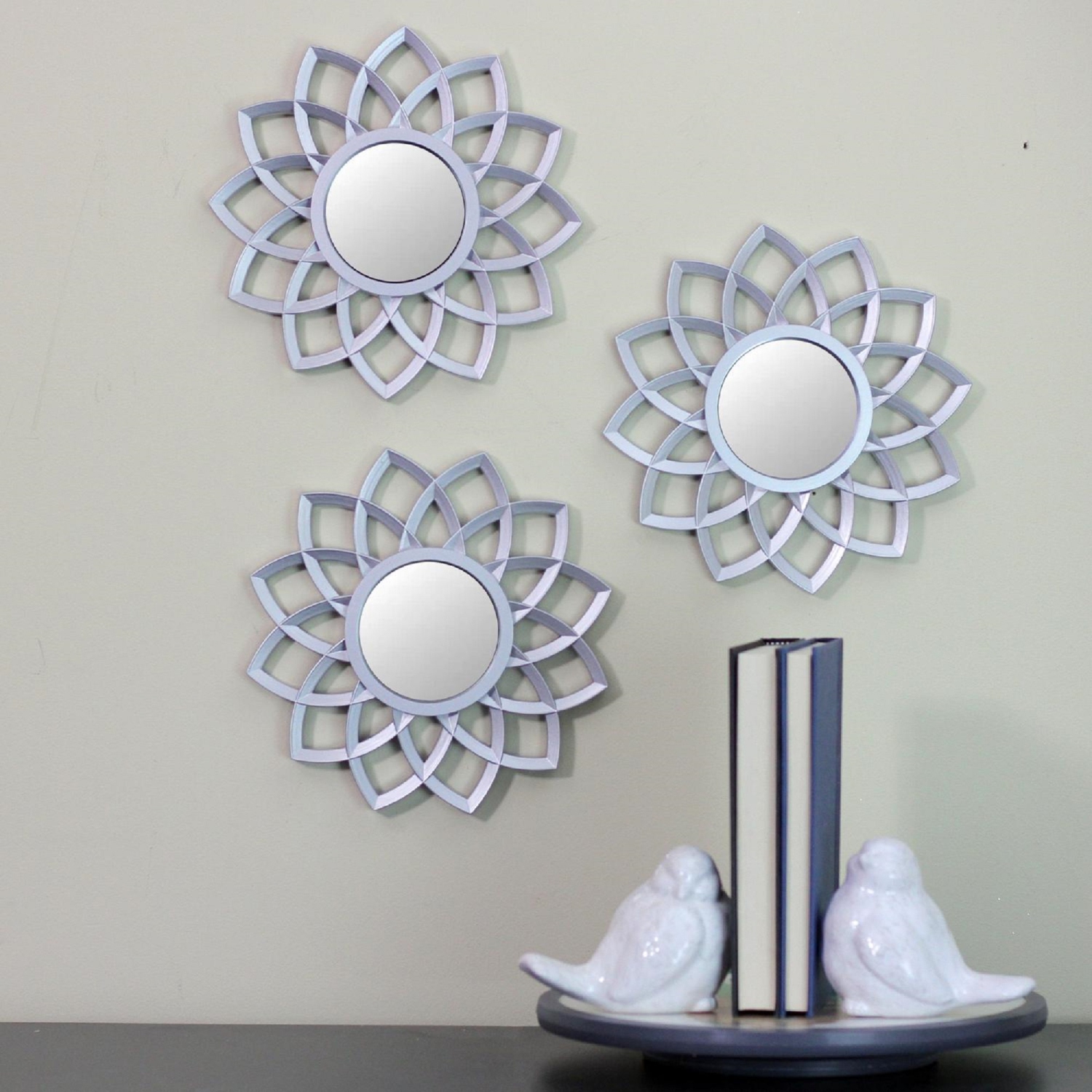 Set of 3 Matte Silver Arched Floral Mirrors Wall Decor 10"