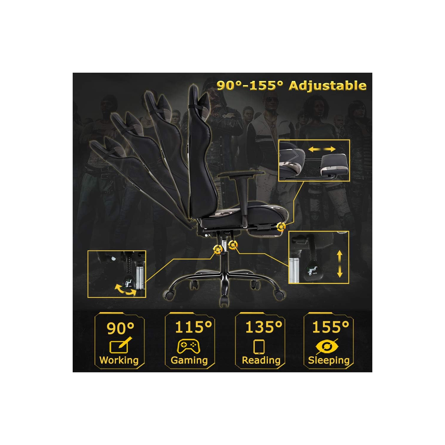 BestOffice – Fauteuil de bureau ergonomique en polyuréthane, soutien lombaire pour ordinateur avec repose-pieds, fauteuil de course pivotant moderne