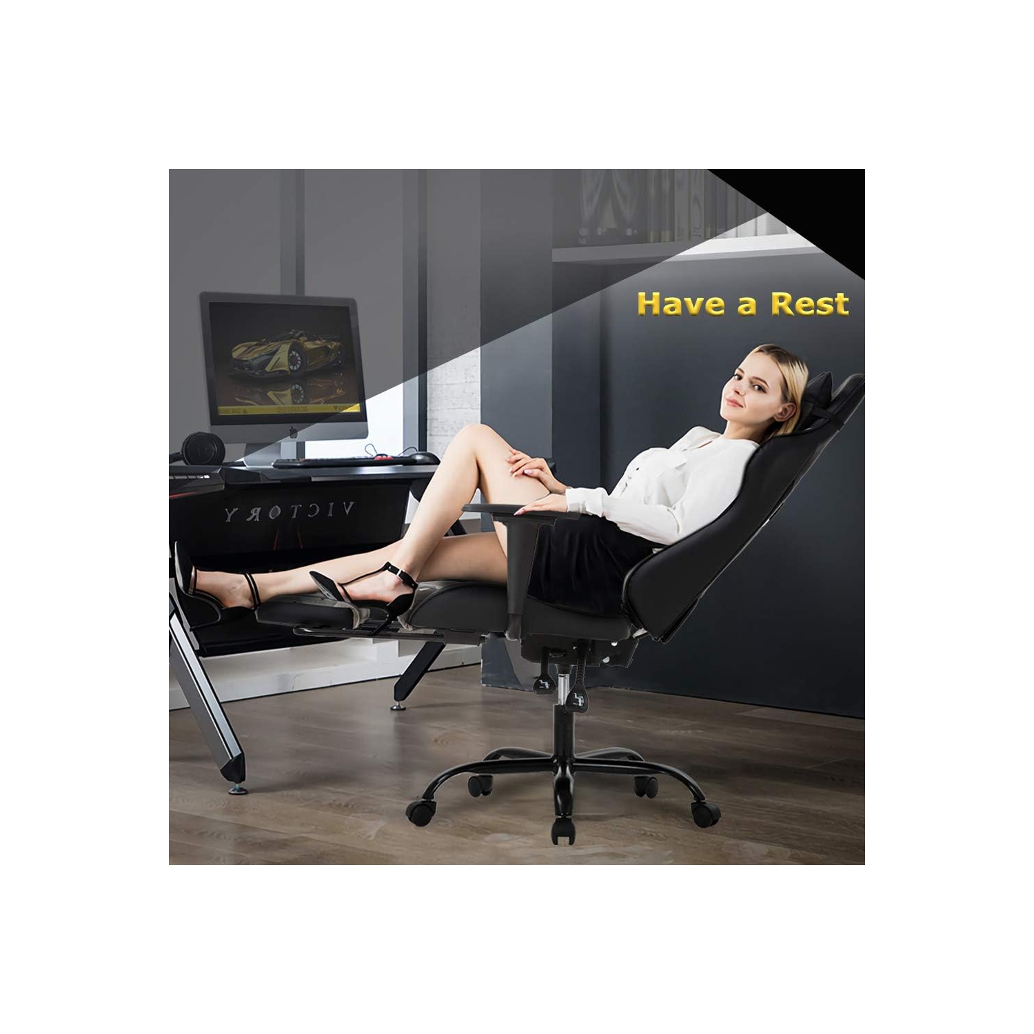 BestOffice – Fauteuil de bureau ergonomique en polyuréthane, soutien lombaire pour ordinateur avec repose-pieds, fauteuil de course pivotant moderne