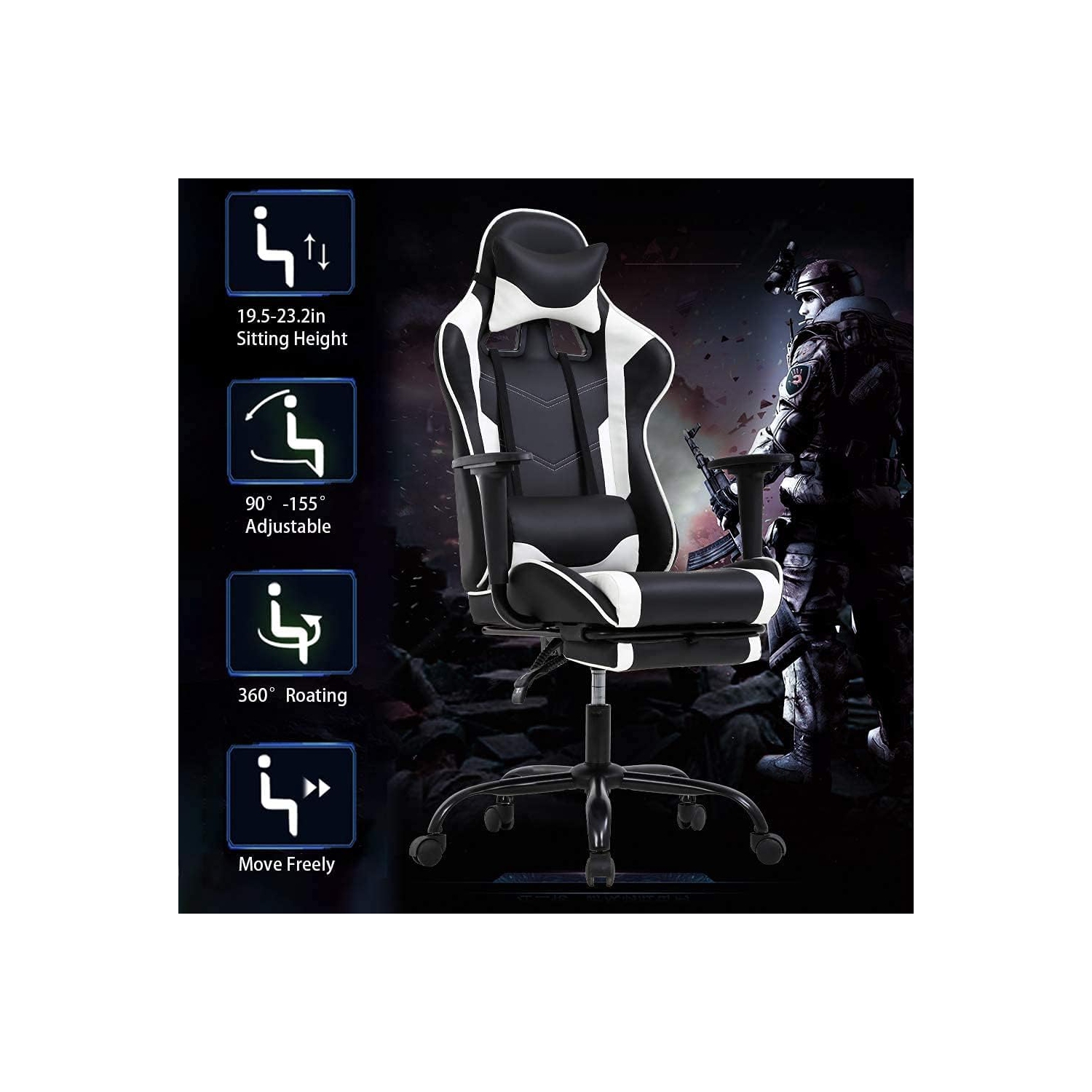 BestOffice Ergonomic Desk Executive PU Leather Computer Lumbar Support with Footrest Modern Task Rolling Swivel Racing Chair for Women&Men, white