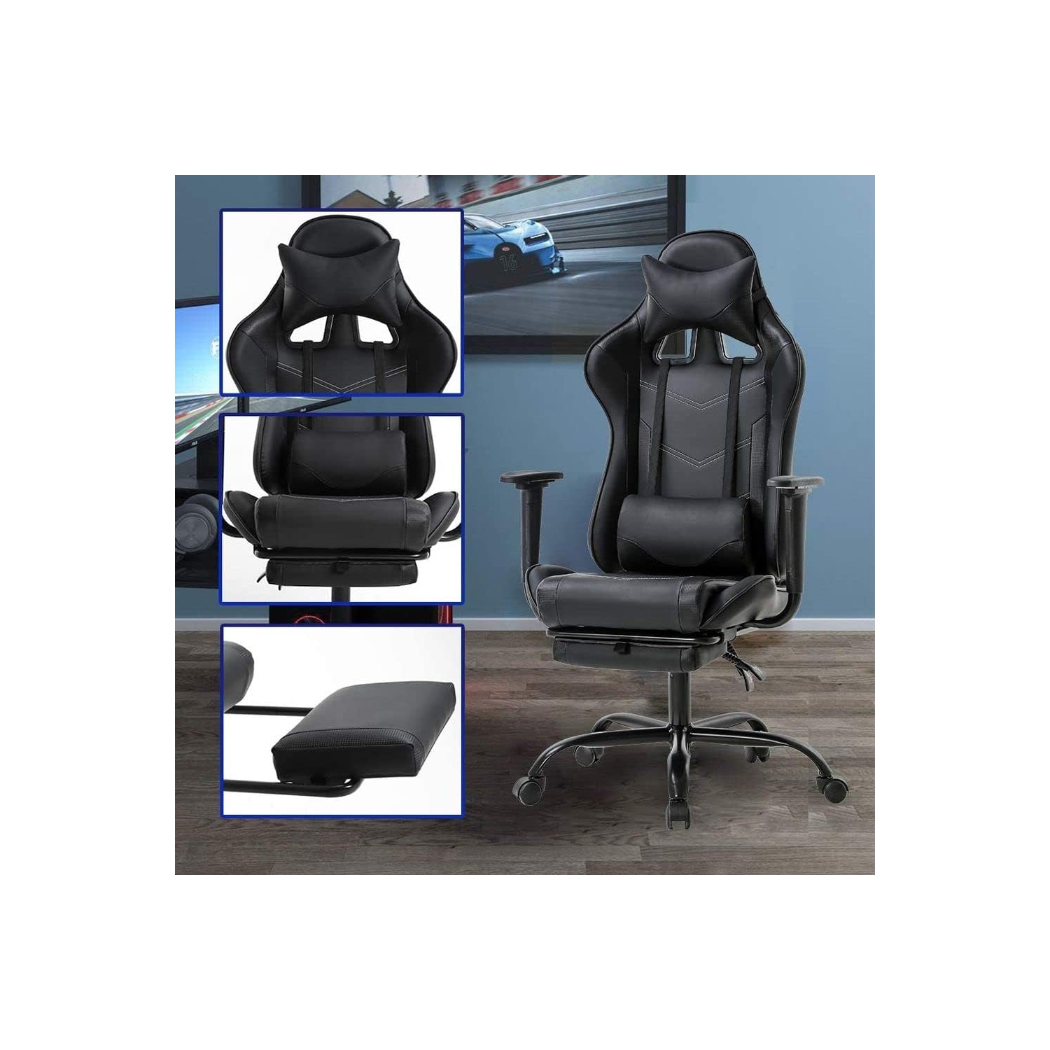 BestOffice Ergonomic Desk Executive PU Leather Computer Lumbar Support with Footrest Modern Task Rolling Swivel Racing Chair for Women&Men, Black