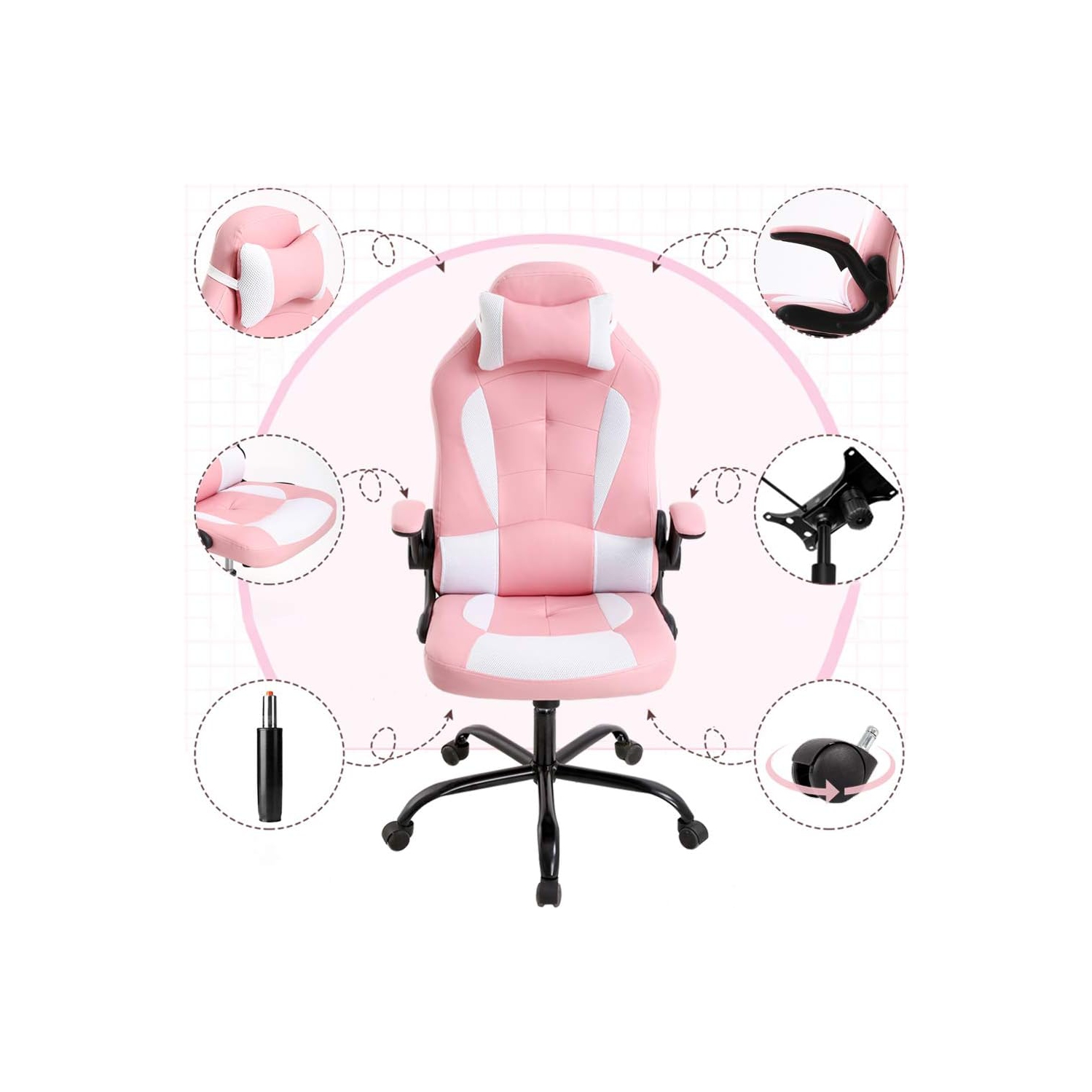 Fauteuil de jeu BestOffice fauteuil de bureau avec soutien lombaire accoudoirs rabattables appuie-tête pivotant réglable à roulettes en cuir de