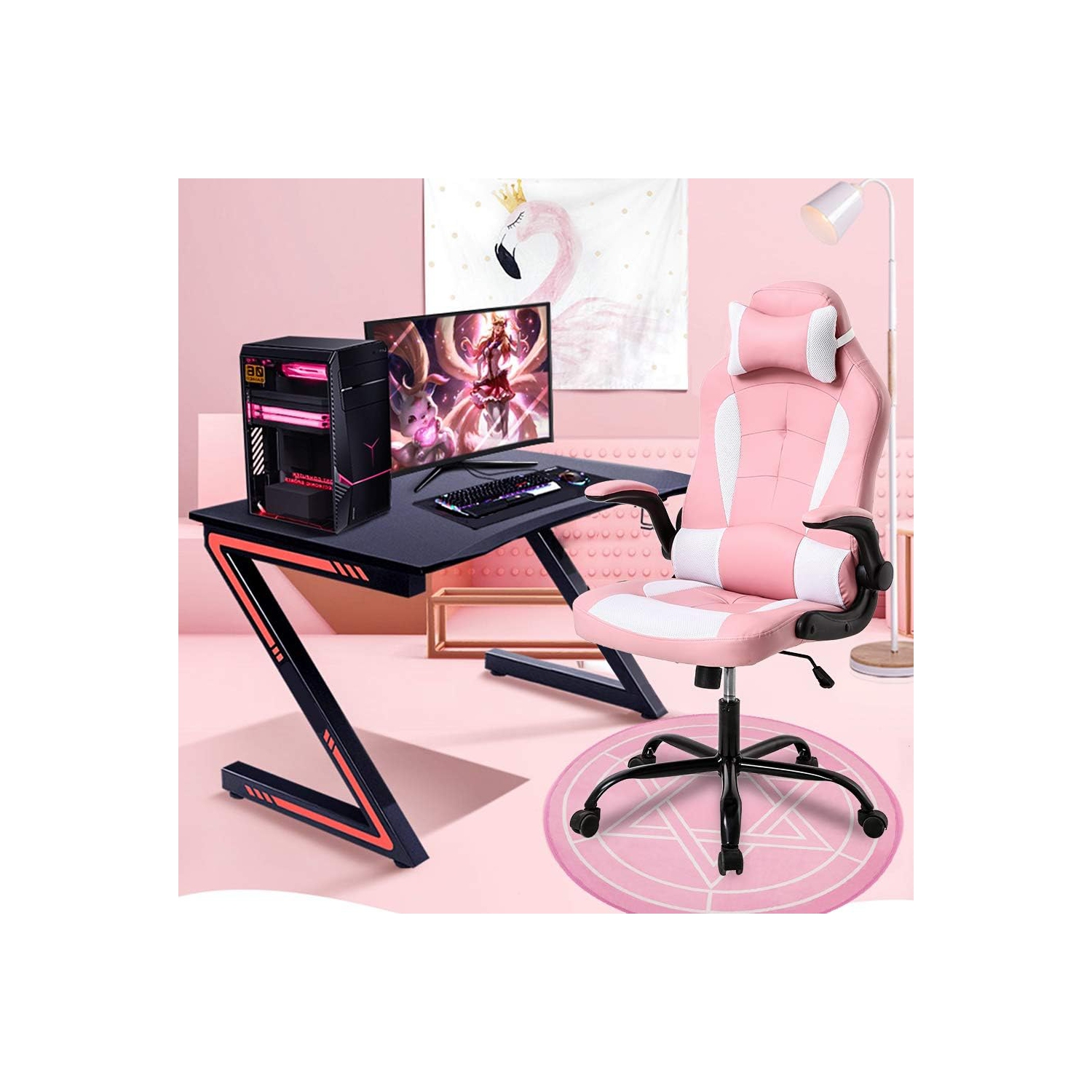 Fauteuil de jeu BestOffice fauteuil de bureau avec soutien lombaire accoudoirs rabattables appuie-tête pivotant réglable à roulettes en cuir de