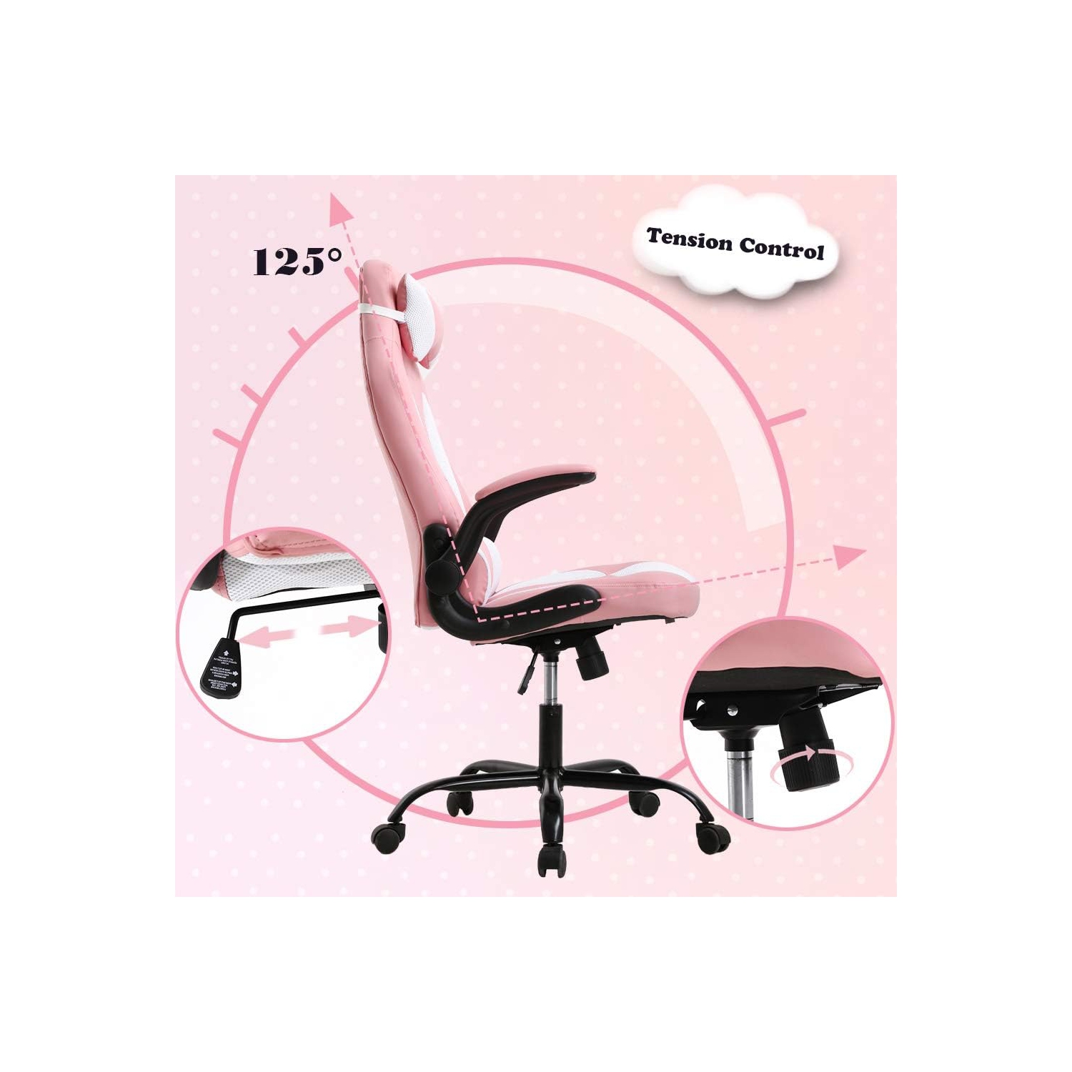 Fauteuil de jeu BestOffice fauteuil de bureau avec soutien lombaire accoudoirs rabattables appuie-tête pivotant réglable à roulettes en cuir de