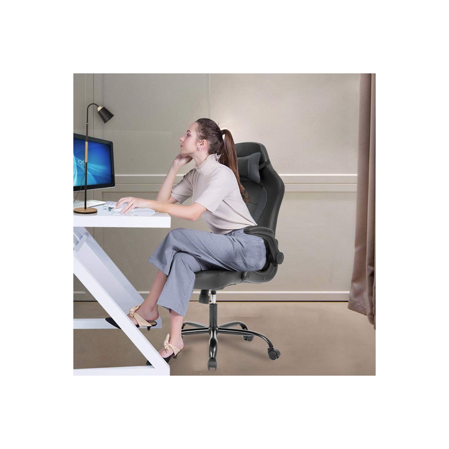 BestOffice PC Gaming Chair Ergonomic Office Chair Desk Chair with Lumbar Support Flip Up Arms Headrest PU Leather Executive High Back Computer Chair
