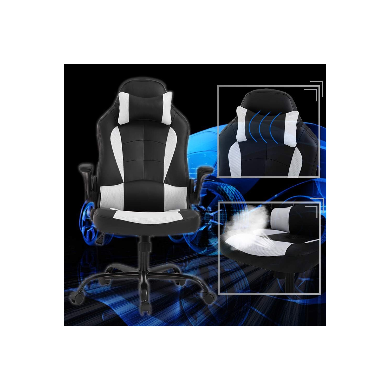 BestOffice PC Gaming Chair Ergonomic Office Chair Desk Chair with Lumbar Support Flip Up Arms Headrest PU Leather Executive High Back Computer Chair